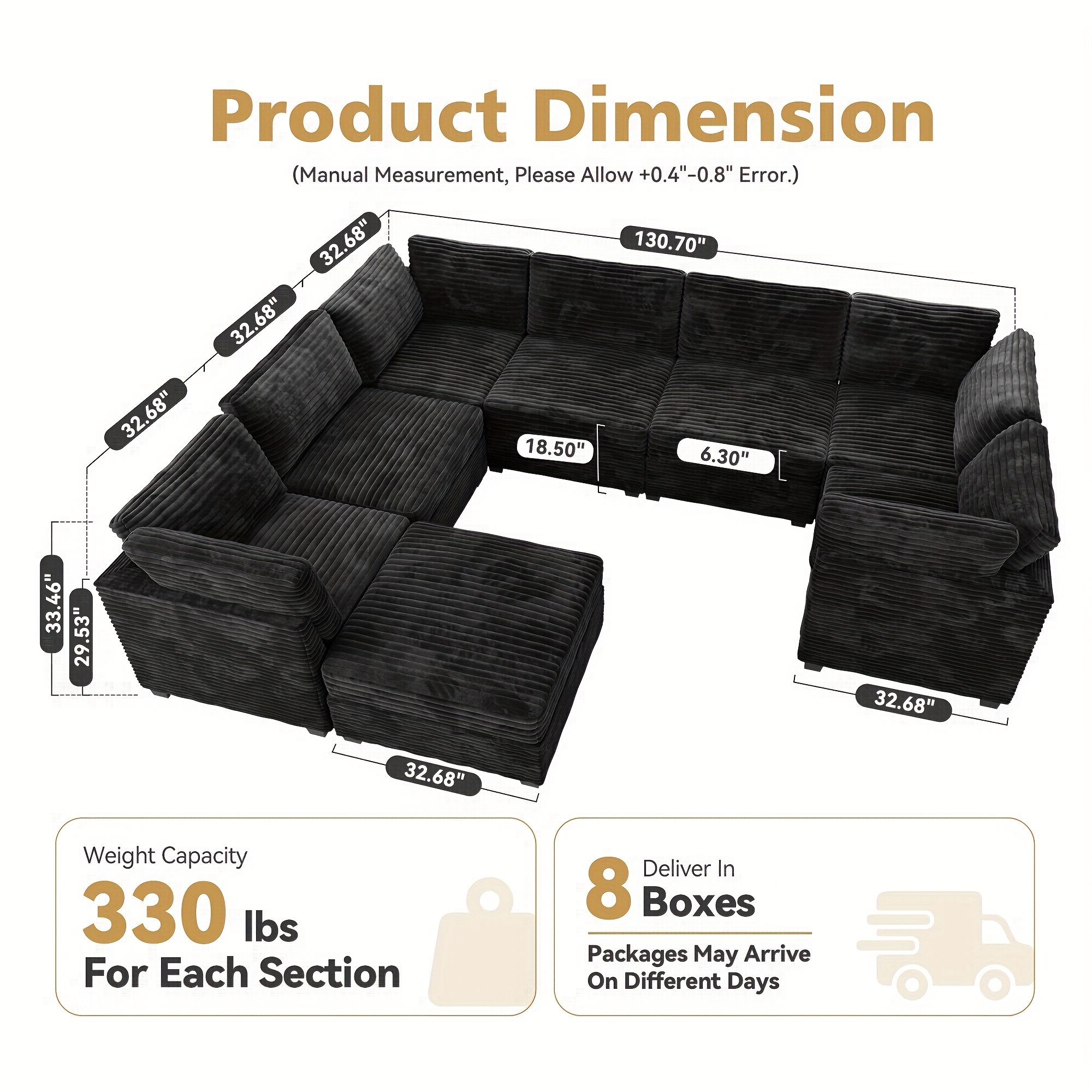 oversized 130 inch plush cound sectional sofa with ottoman 8pcs luxurious u shaped couch for living room comfortable deep seating and soft long pile fabric upholstery for   Product details 0