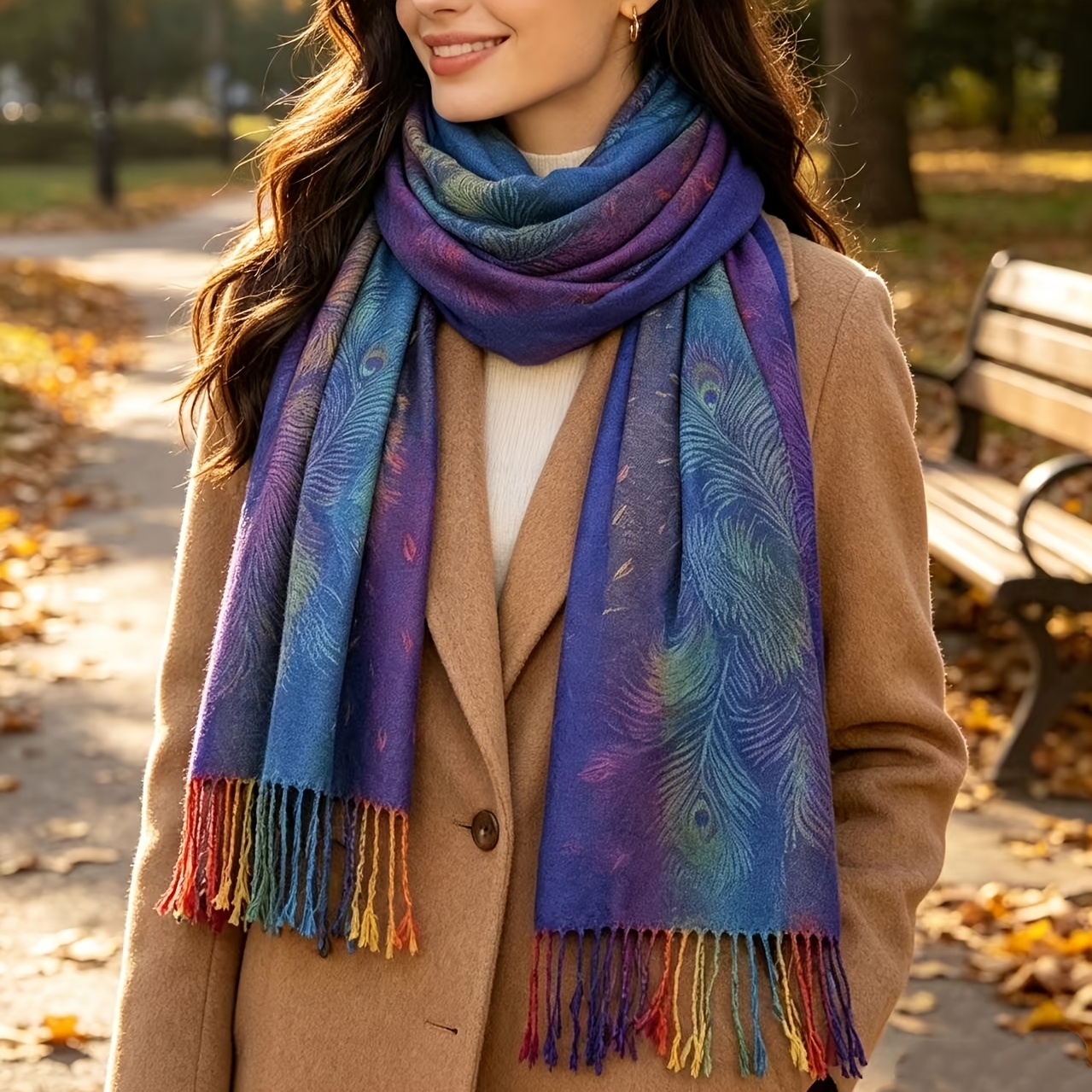 Bohemian Colorful Peacock Scarf, Women's Autumn Winter Jacquard Shawl