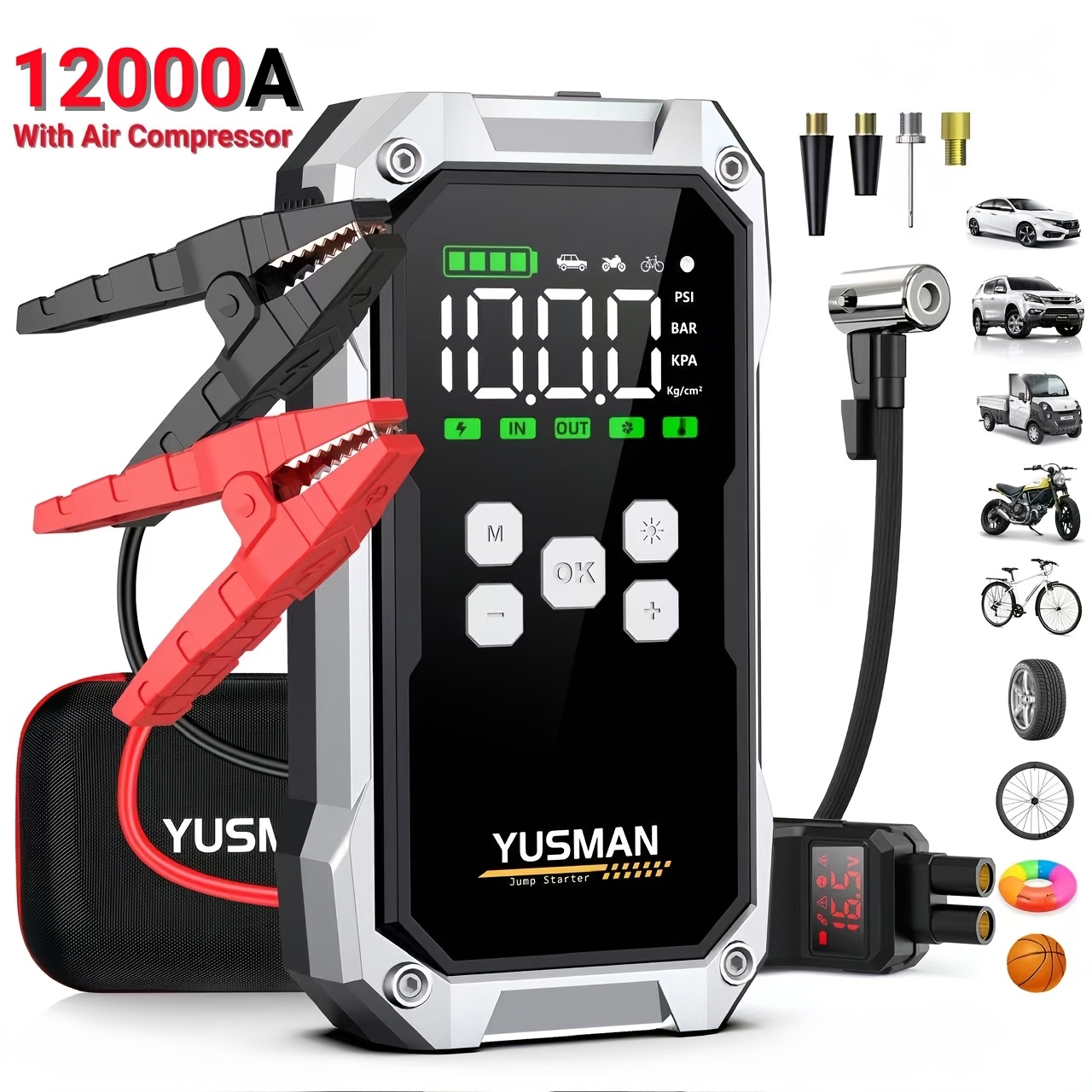 Image of 12000a 4-in-1 Car Jump Starter With 150psi Air Compressor, 12v Portable Power Bank For All Gas/10.0l Vehicles, Dual Led Lights, Lcd Display, Qc3.0 Fast Charge, Portable Storage Bag Included