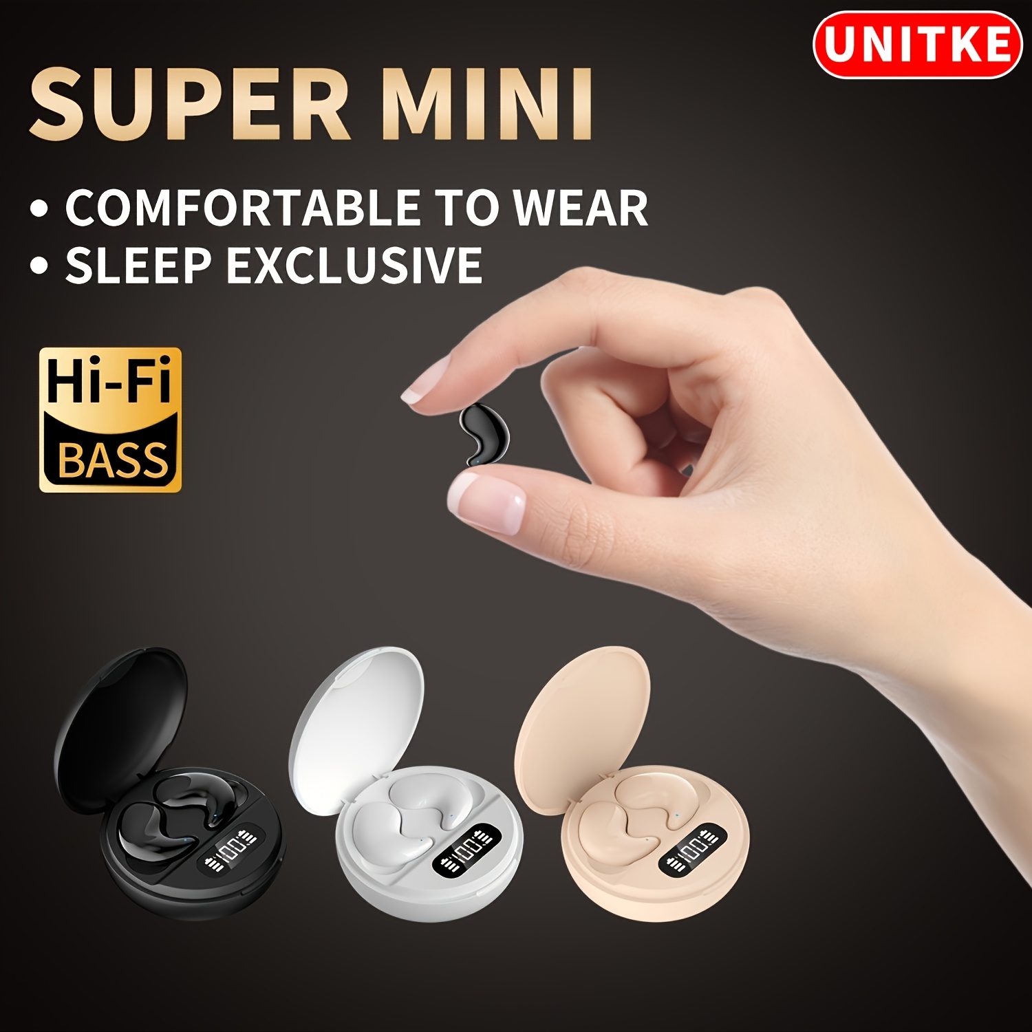 

1 Pair Unitek Invisible In-ear Headphones, Bass, , Noise Cancelling, Type-c, Wireless 5.3, Rechargeable Battery, For Sleep, Exercise, Gaming, Running - , Long