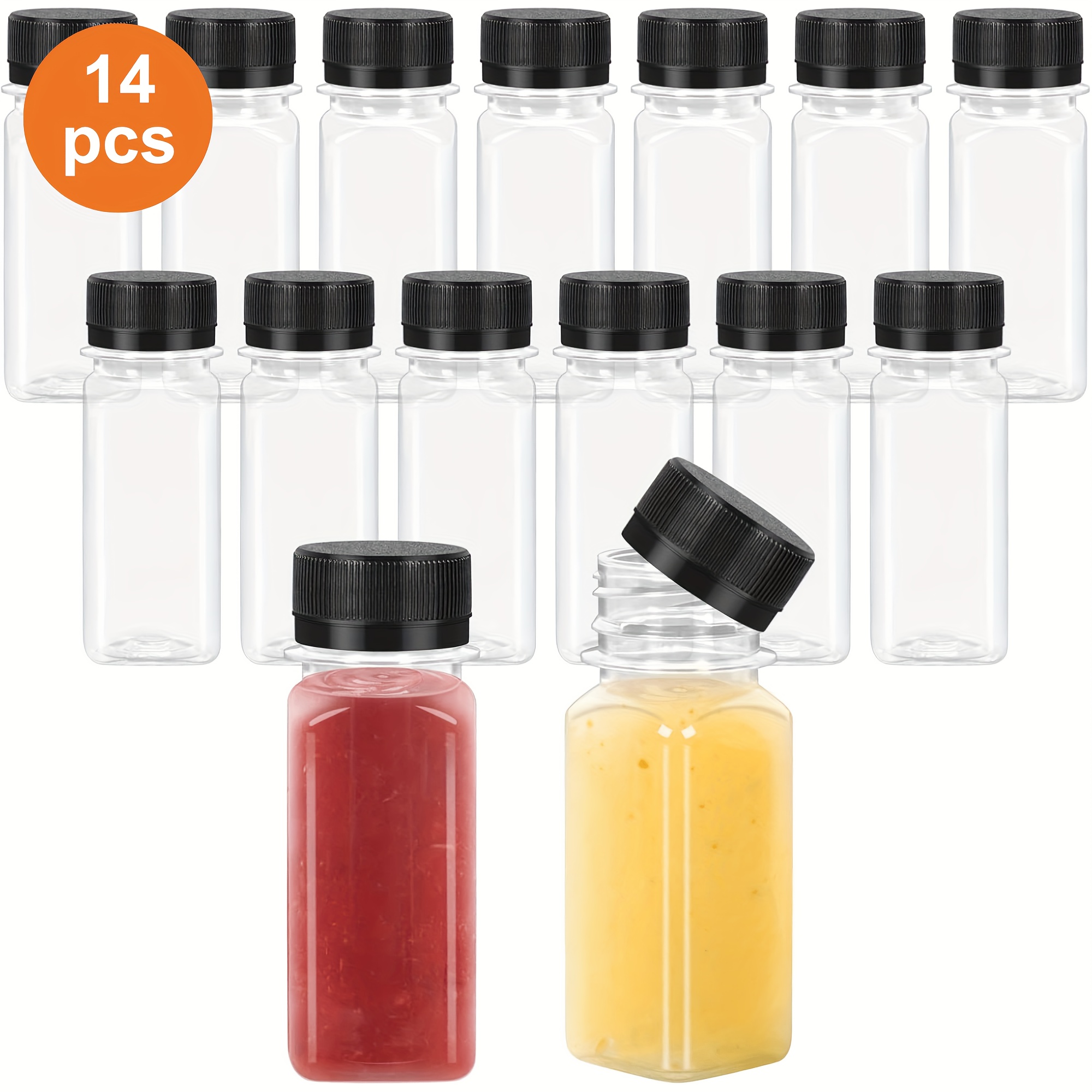 Image of 14pcs 2oz Mini Plastic Bottles With Lids, Reusable Small Bottles With Caps, Tiny Liquid Containers For Juicing Drinks, Milk, Ginger Or Other Beverages (square, Black Cap)