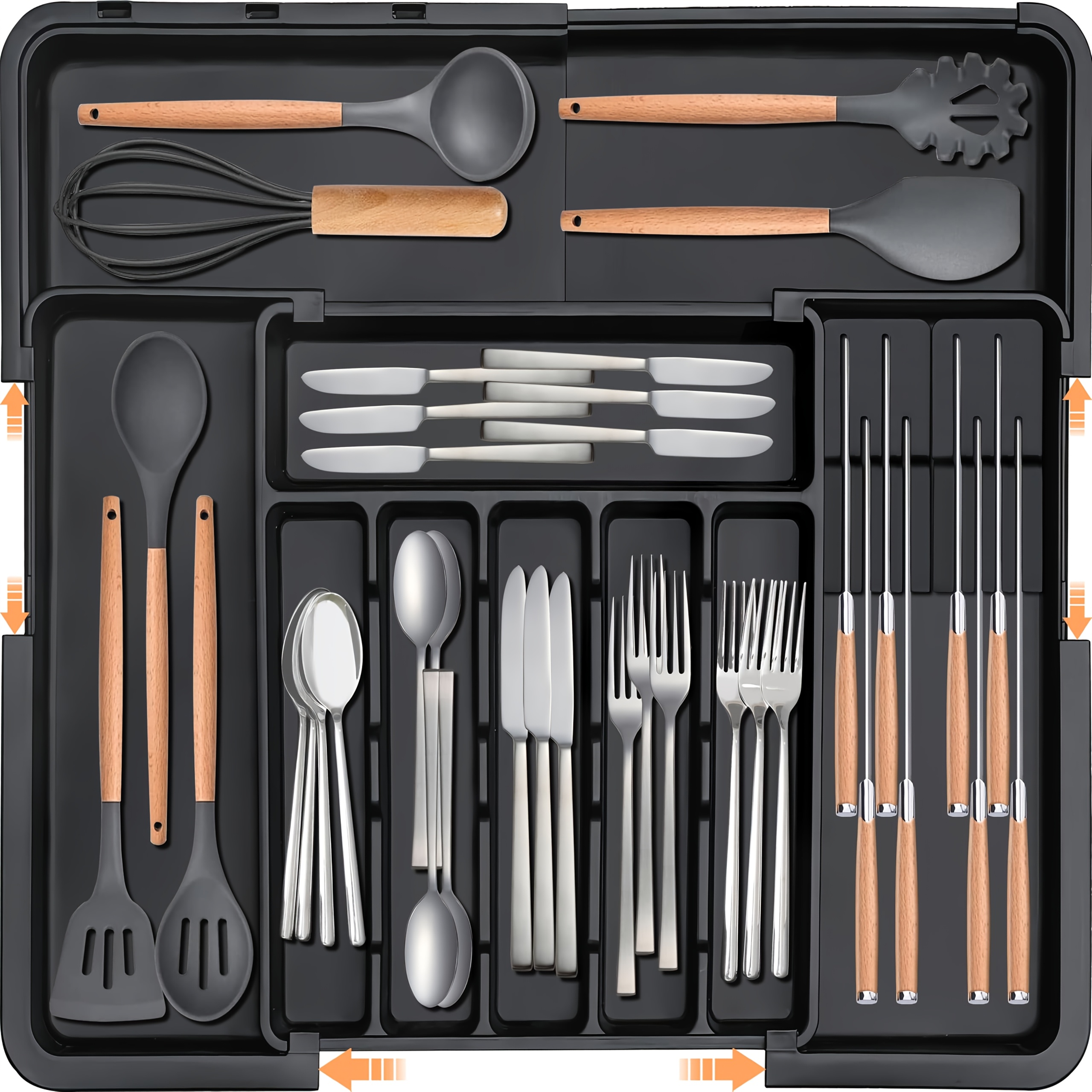 Silverware Organizer - Expandable Large Kitchen Drawer Organizer Utensil Organizer With 2 Removable Knife Blocks, 22 X 19 Cutlery Tray Drawer Dividers For Kitchen Flatware (6-9 Slots) (black)