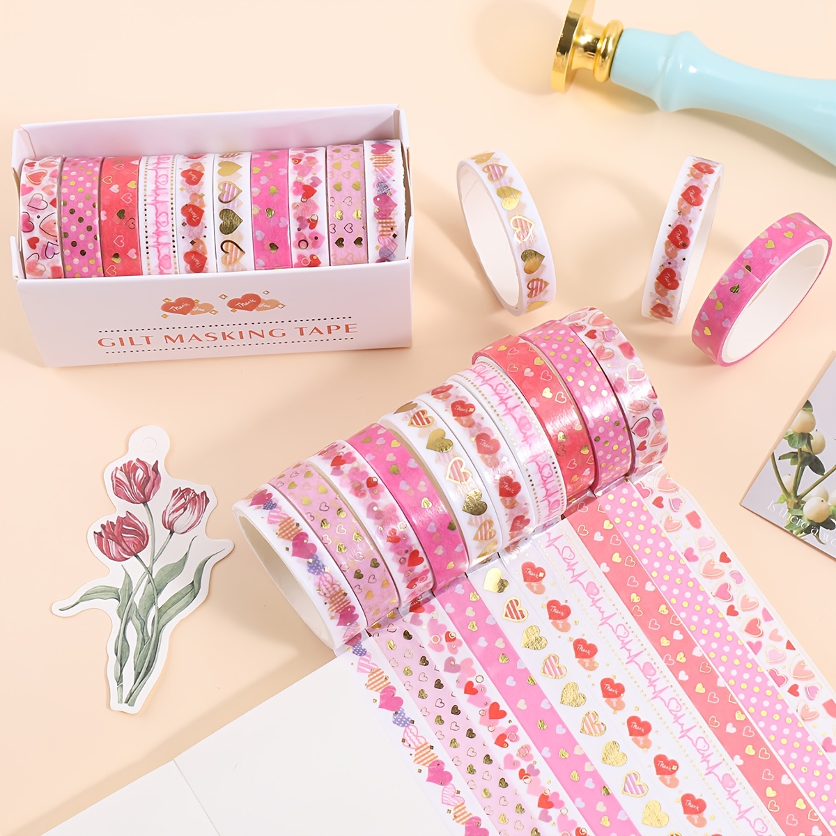 

10 Rolls 's Day Heart-themed Tape Set, Fashionable Love , Paper Material, No Feathers, For Scrapbooking, Journaling, Photo Albums, And Craft Decorations, Perfect Gift