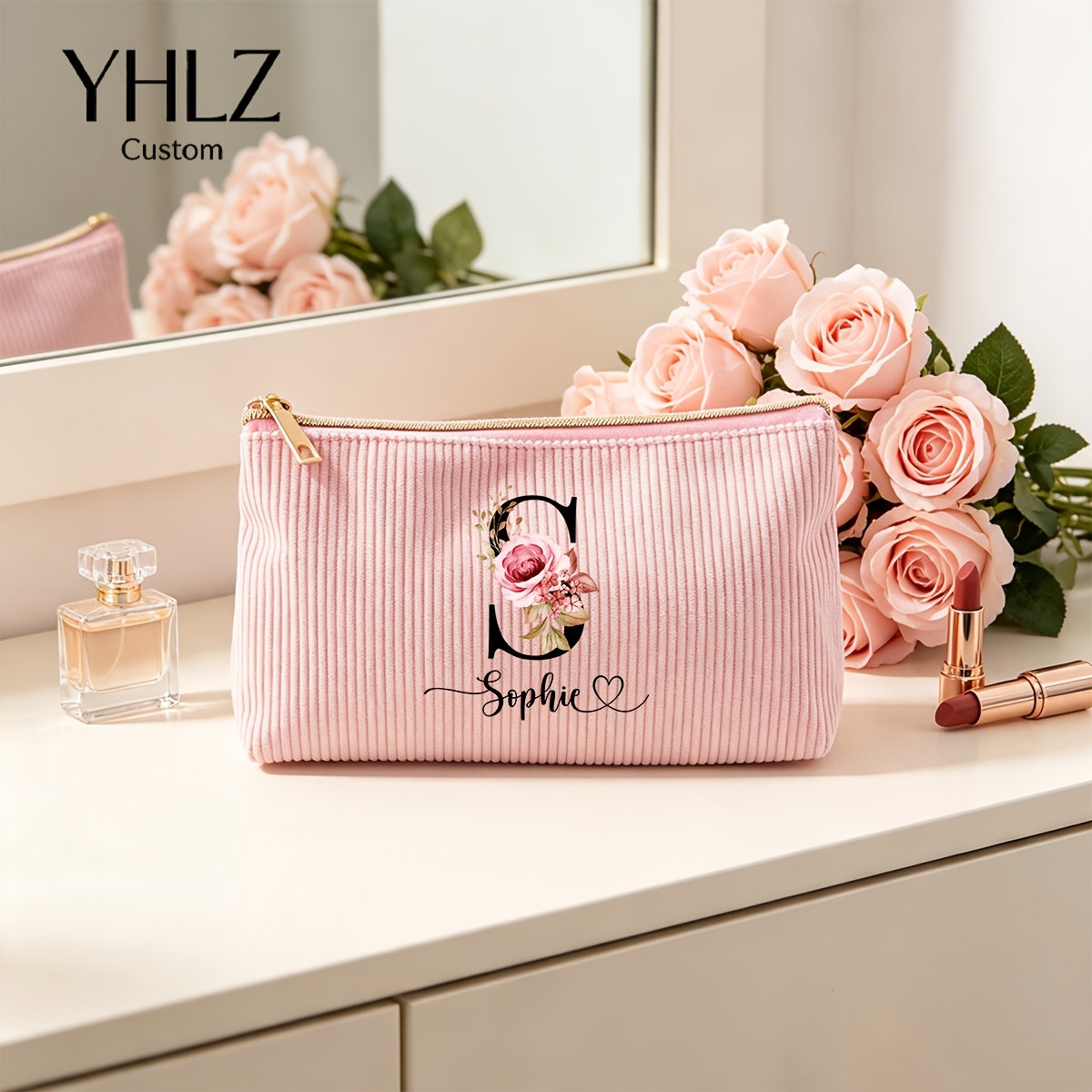 TEMU 1pc Personalized Floral Letter Women's Corduroy Makeup Bag, Customizable Name Gift, Sturdy And Durable Large-capacity Student Pencil Case With
