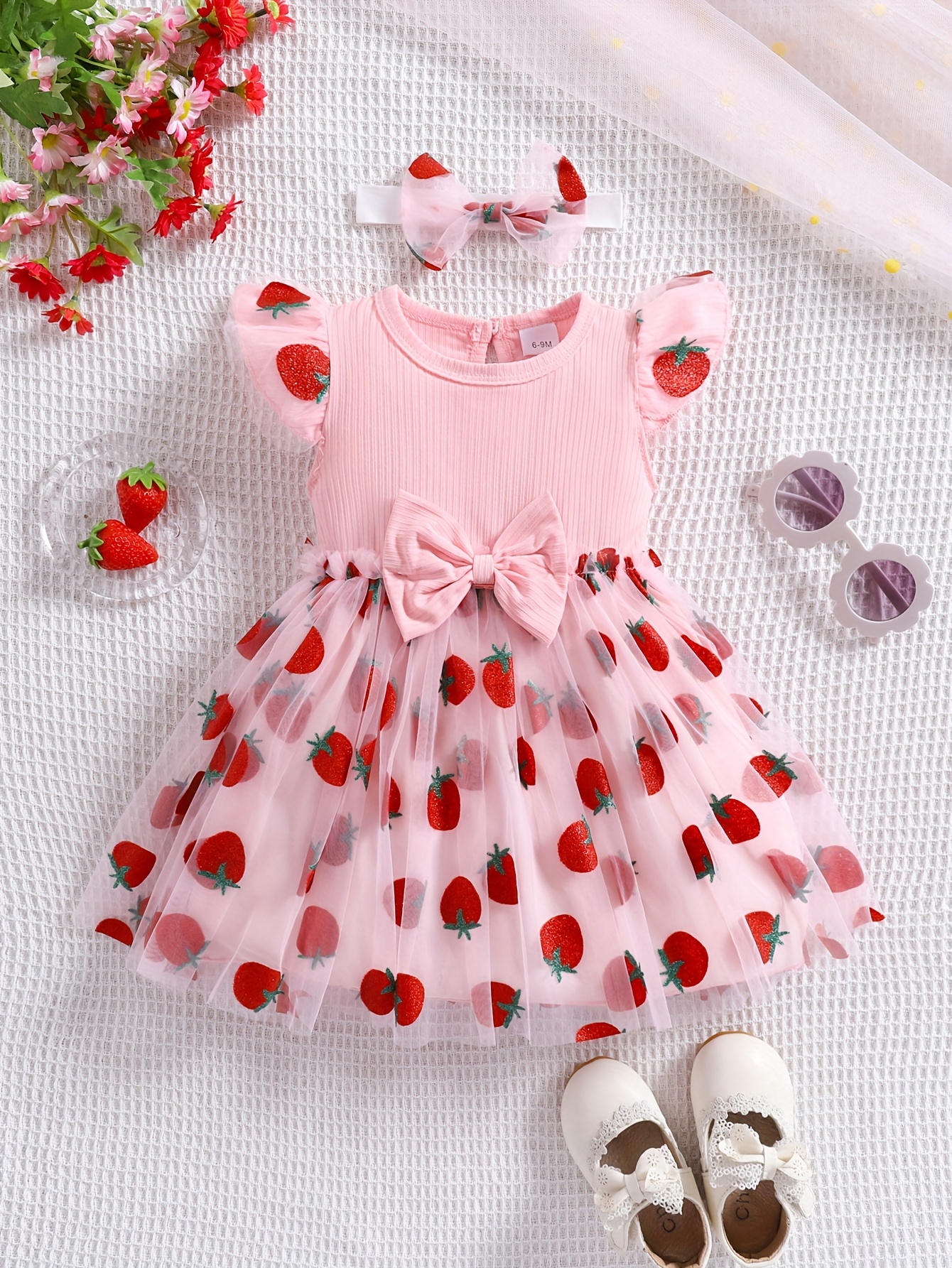 strapless open back dress Baby Girl Strawberry Sequins Pattern Bow Tie Design Sling Tutu Formal –  MyKids-USA® main image 1