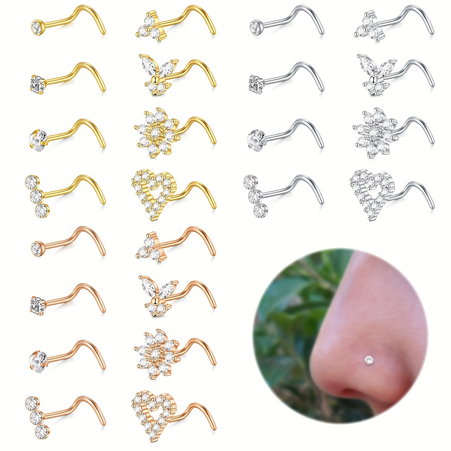 

8pcs Stainless Steel Nose Studs Nose Rings For Women Corkscrew Nose Ring Studs, Heart/butterfly Fashion Nose Rings Studs Nostril Nose Piercing Jewelry