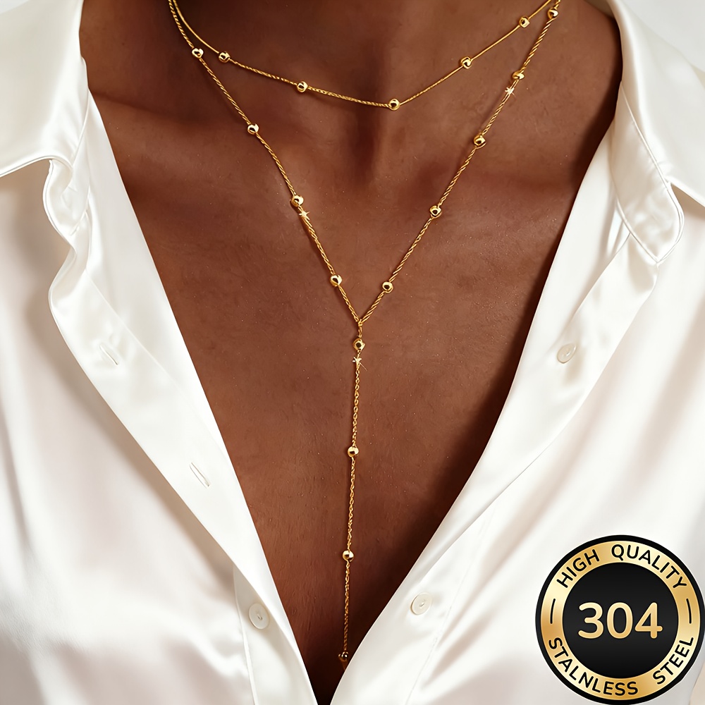 item picture high quality stainless steel golden stacked y shaped necklace anti fading easy and elegant fashionable womens long necklaces for daily wear or parties jewelry additions is a delicate gift for women