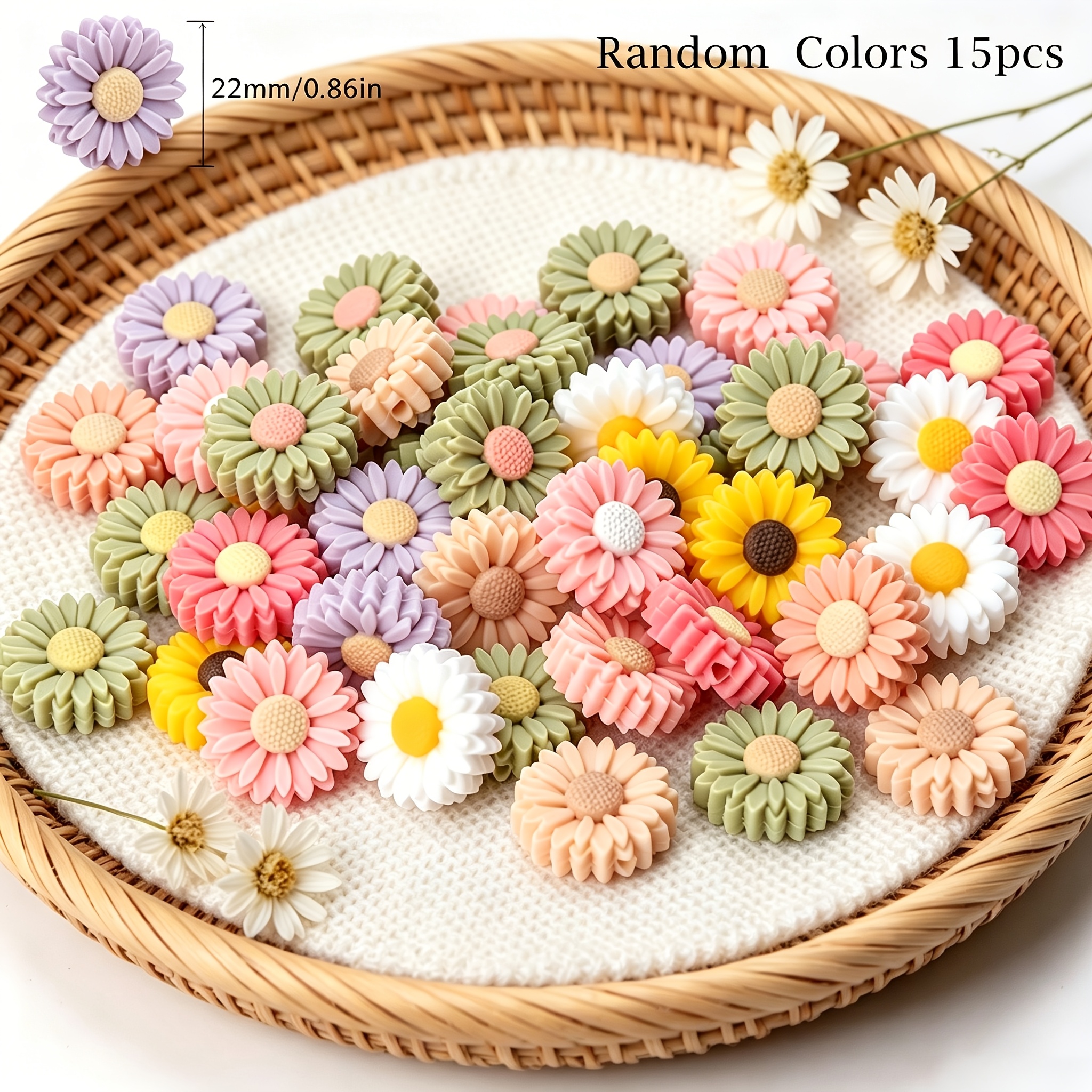 TEMU 15pcs Trendy Daisy Silicone Beads Mixed Random Colors, 22/30mm Spacer & Beads Jewelry Making Kit, Beading Craft Additions For Bracelets Pens