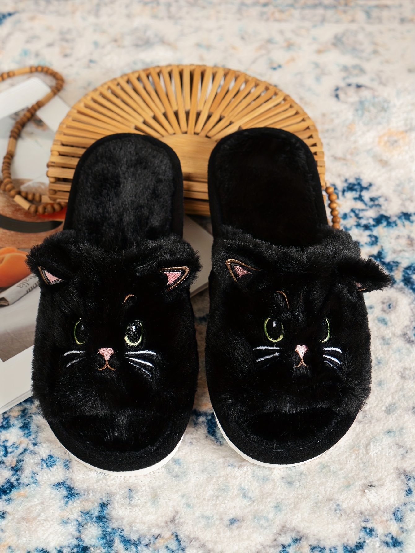 Pantuflas acogedoras para mujer y negro con gato Forro polar de EVA  antideslizante, lavar a o perfectas para us