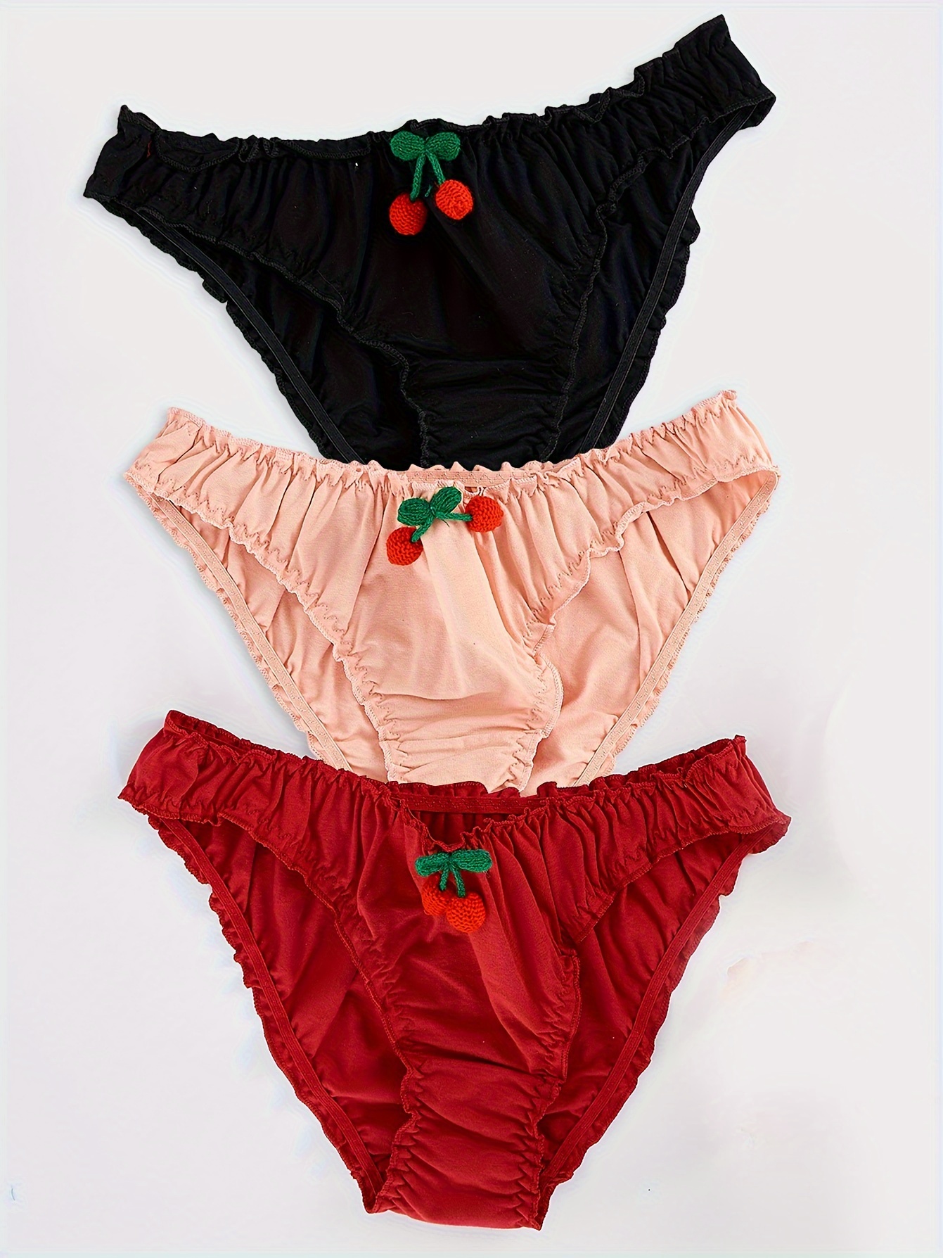 3pcs Cherry Decor Briefs, Cute Lettuce Trim Intimates Panties, Women's  Lingerie & Underwear