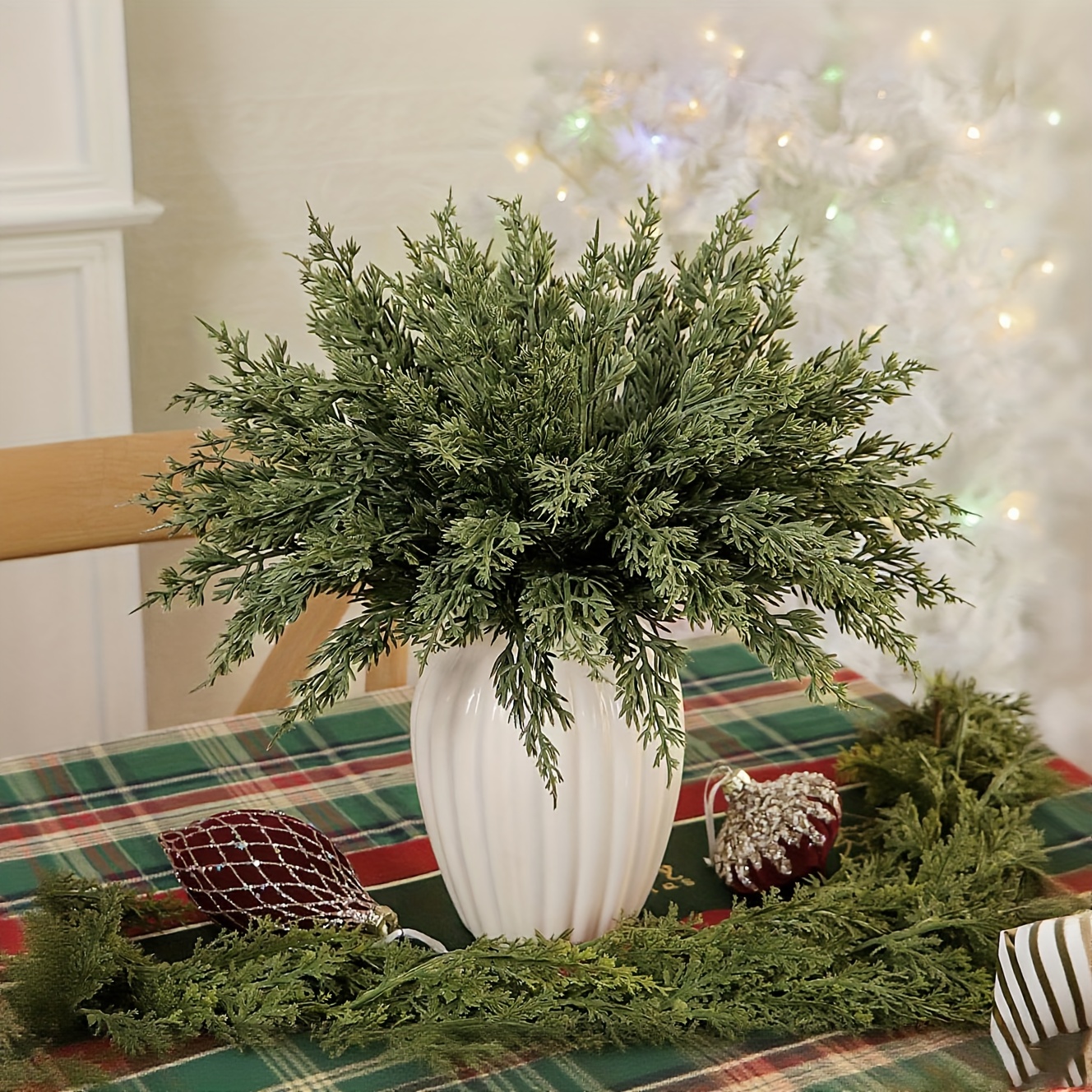 Image of 20pcs Artificial Pine And Fir Branches, Christmas Green Plant Stems, Realistic Touch, Christmas Party Table Decoration, Holiday Party, Vase, Wreath, Christmas Celebration Embellishment