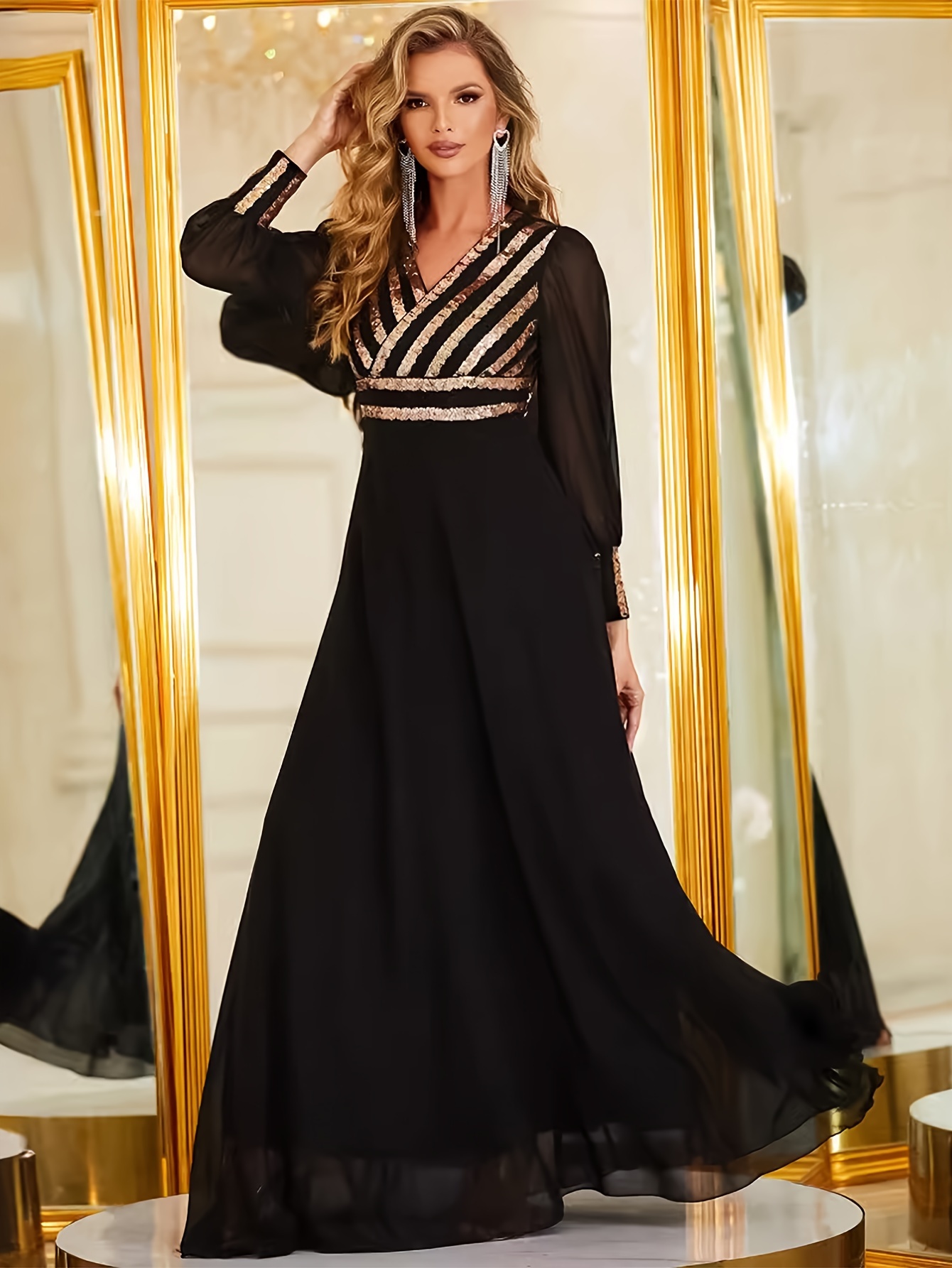 elegant black sequin embellished v neck long sleeve a line Temu