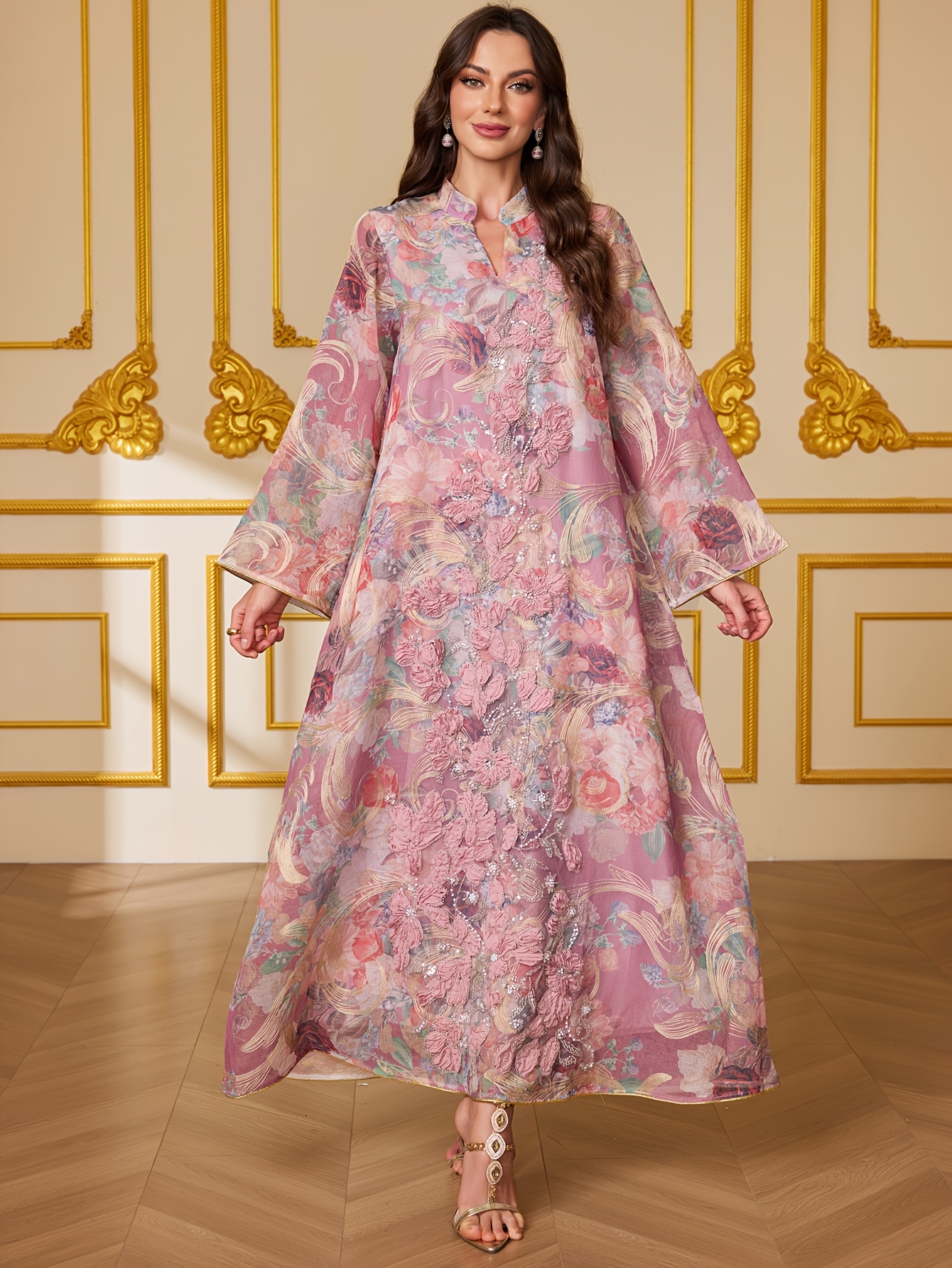 ramadan middle eastern   new robe mesh three dimensional floral   elegant long dress abaya