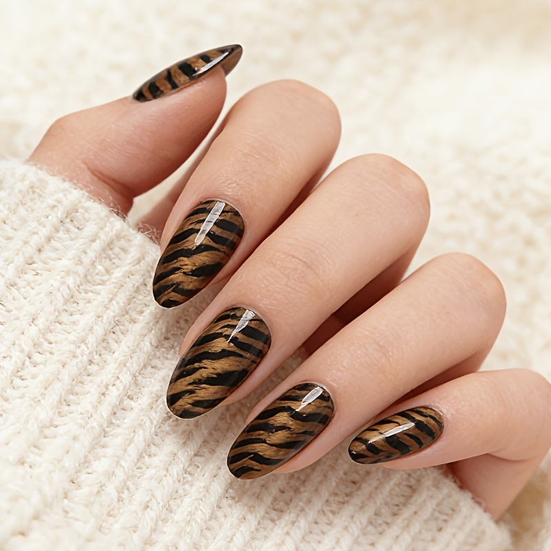 TEMU Mid-length, Almond-shaped, Pattern, Spring-summer Style, Glossy End, 24pcs, Nail Art Stickers, Detachable, Wearable Nails, Fake Nails, Stick-on