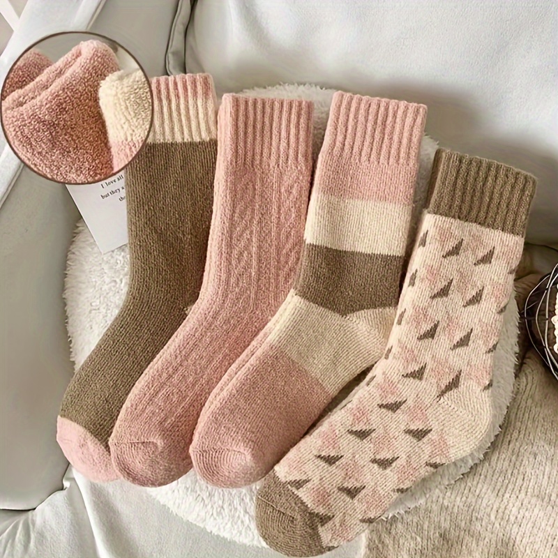

4pcs Thickened Mid- For Women - , Polyester Stripes, For Fall &