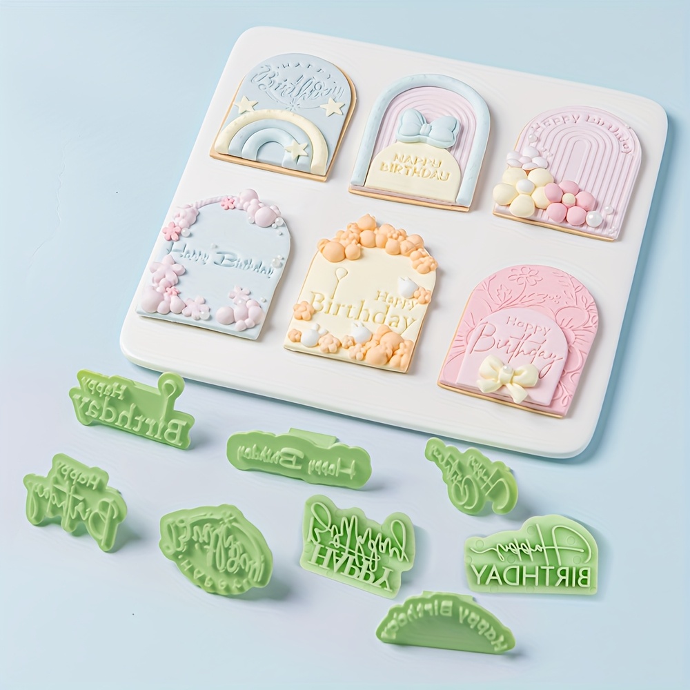 Image of 8 Pattern Happy Birthday Cookie Stamp, Fondant Cookie Mold Handwritten Font Party Happy Birthday Sugar Diy Cookie, Chocolate Baking Tools, Cupcake Topper New Pattern Cookie Mold