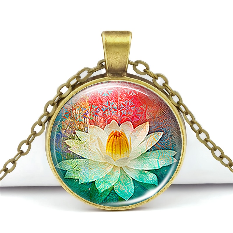 Classic Chain Necklace with Colorful Lotus Blossoms Design