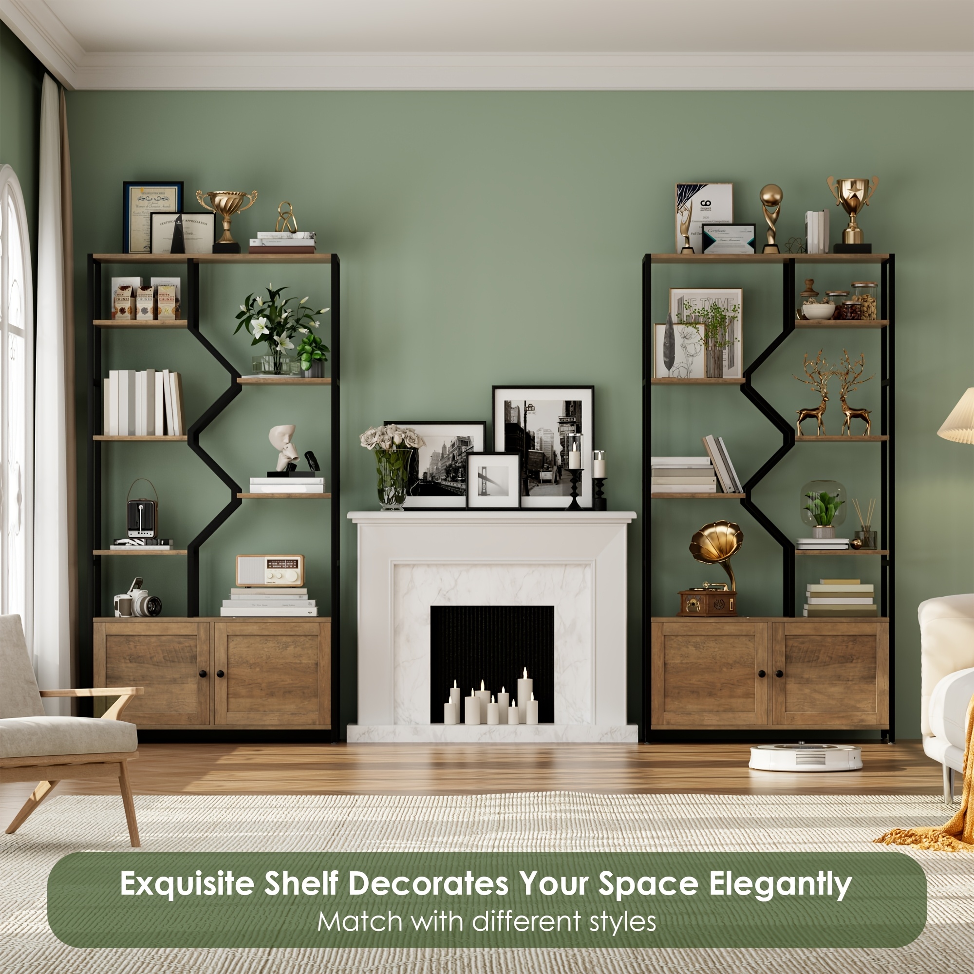76'' Tall Industrial Bookshelf with Doors, Display Large Bookcase With Storage and Organization Cabinet, Unique Geometric Metal Frame Design, Sturdy Wooden Shelves, Organizer for Library, Living Room, Bedroom, Office, White and Golden/Brown and Black