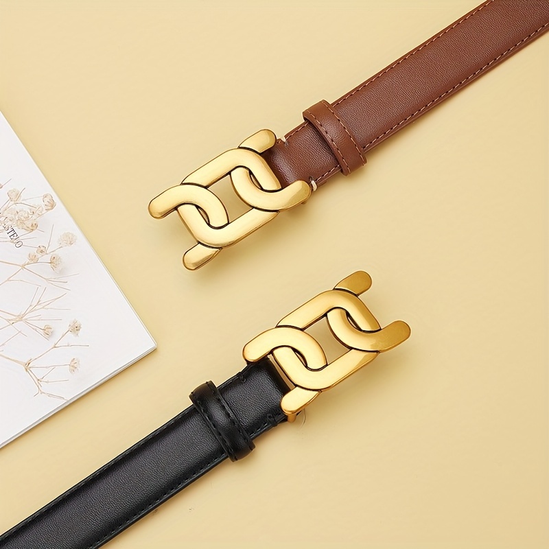 golden thin genuine leather belt monochrome waistband - Temu