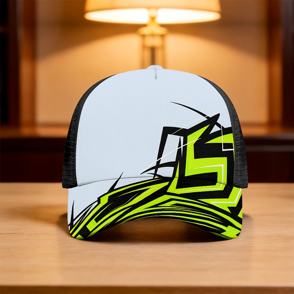 TEMU Gorra de béisbol de malla con estampado moderno de línea punteada, verde y negra, hebilla ajustable, superficie de malla transpirable, accesorio