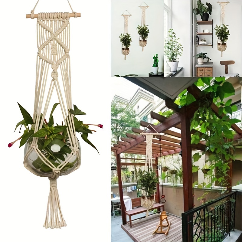 

Cotton" Boho Chic Handwoven Cotton Hanging Basket - Versatile Indoor/outdoor Flower Pot Net Pocket For Succulent Storage & Decor