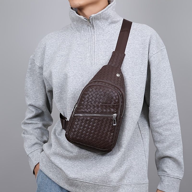Sac de Poitrine Homme — Tressé Cuir PU Multicompartiments Sac de poitrine pour homme, sac bandoulière en PU pour homme, sac à bandoulière décontracté multi-compartiments, sac à dos léger pour les trajets quotidiens