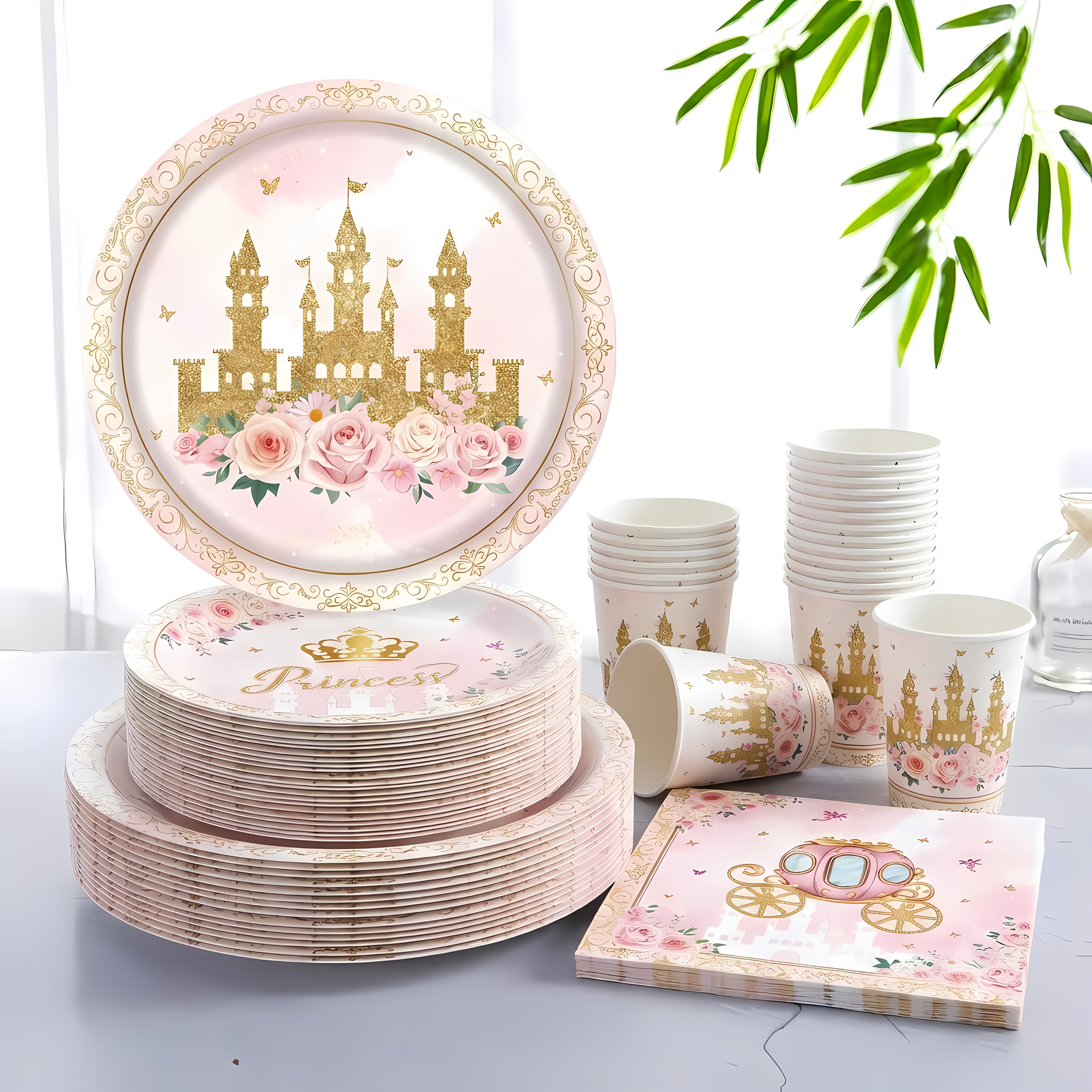TEMU 80pcs Party Plates And Tableware Set | Pink Theme Roses Flowers Crown Carriage Princess | Paper Cups Napkins Included | Birthday Celebration