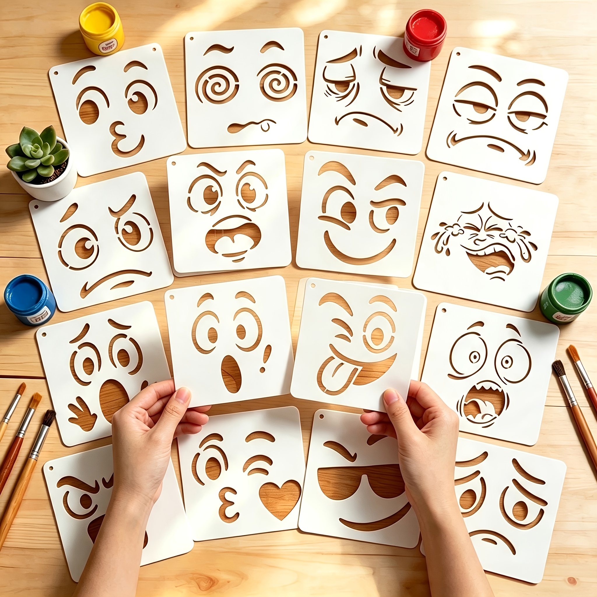 TEMU 16pcs Set Of Fun Face Mask Hollow Painting Template, Multi-style Joy Anger Sadness Facial Pattern Hollow Template, Suitable For Wood Ceramic