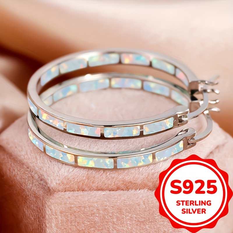 Boho Style 925 Silver Plated Hoop Earrings with Opal Inlay Half Hoop