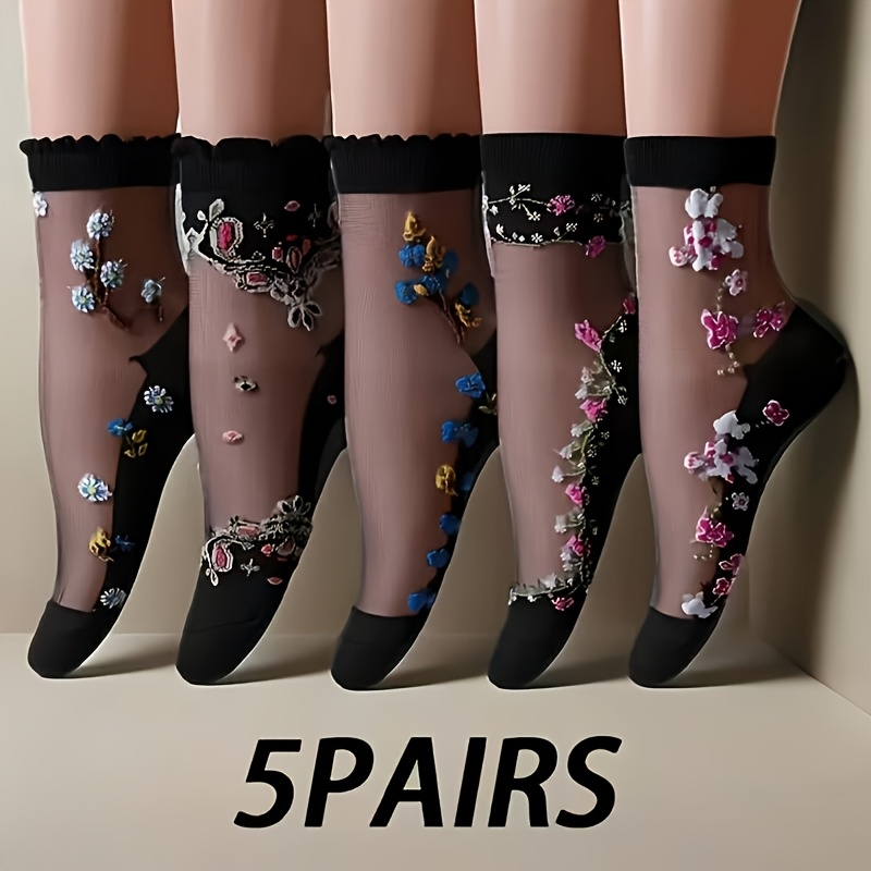 TEMU Lot de 5 paires de chaussettes florales et transparentes pour femme – Chaussettes en respirante pour femme, élégantes et légères, adaptées à un