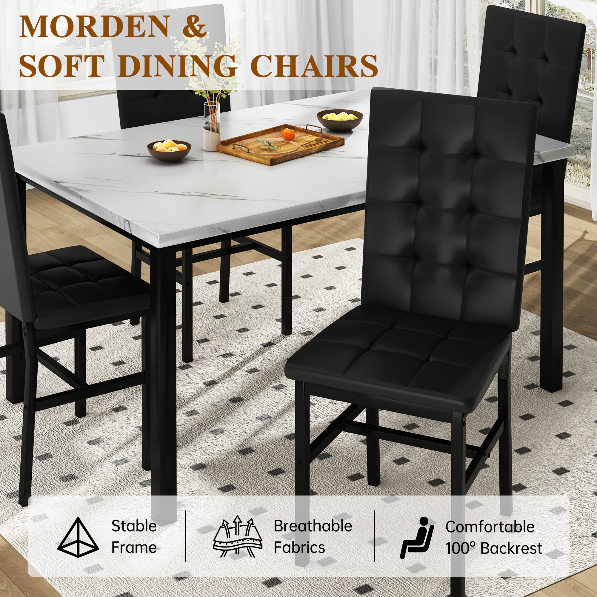 LAMERGE 5pcs Of Dining Table Set, Dining Room Table Set Can Be Used By 4 People, Kitchen Table Set, 1 Artificial Anti-marble Pattern Table And 4 Metal Legs Chairs, Suitable for Living Room, Dining Room, Kitchen Furniture