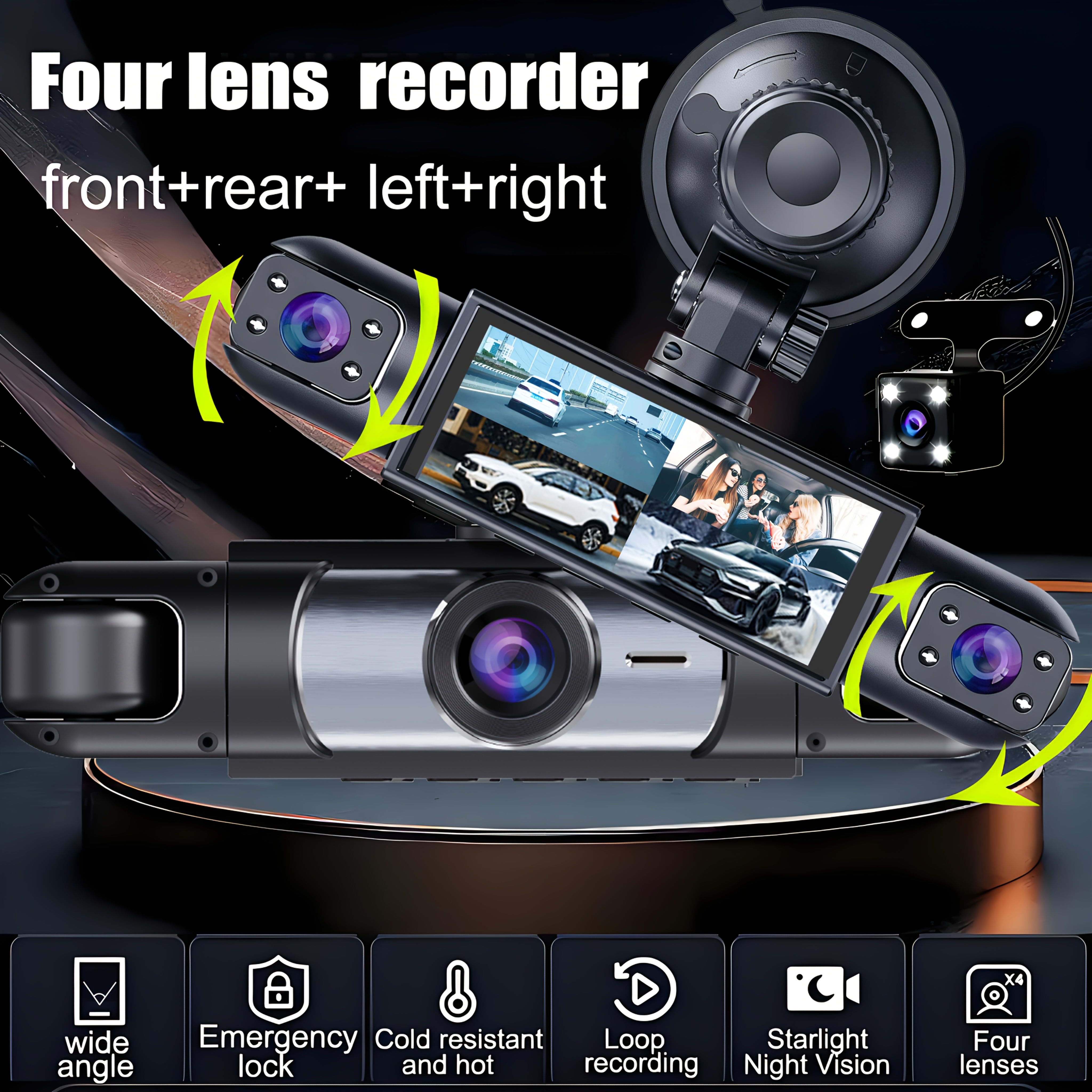 360 car dash cam real 4 channel design   3 channel front 1080p full hd rear   720    with   inch lcd screen rotatable lens night vision loop recording 24 hour parking monitoring Product details 8
