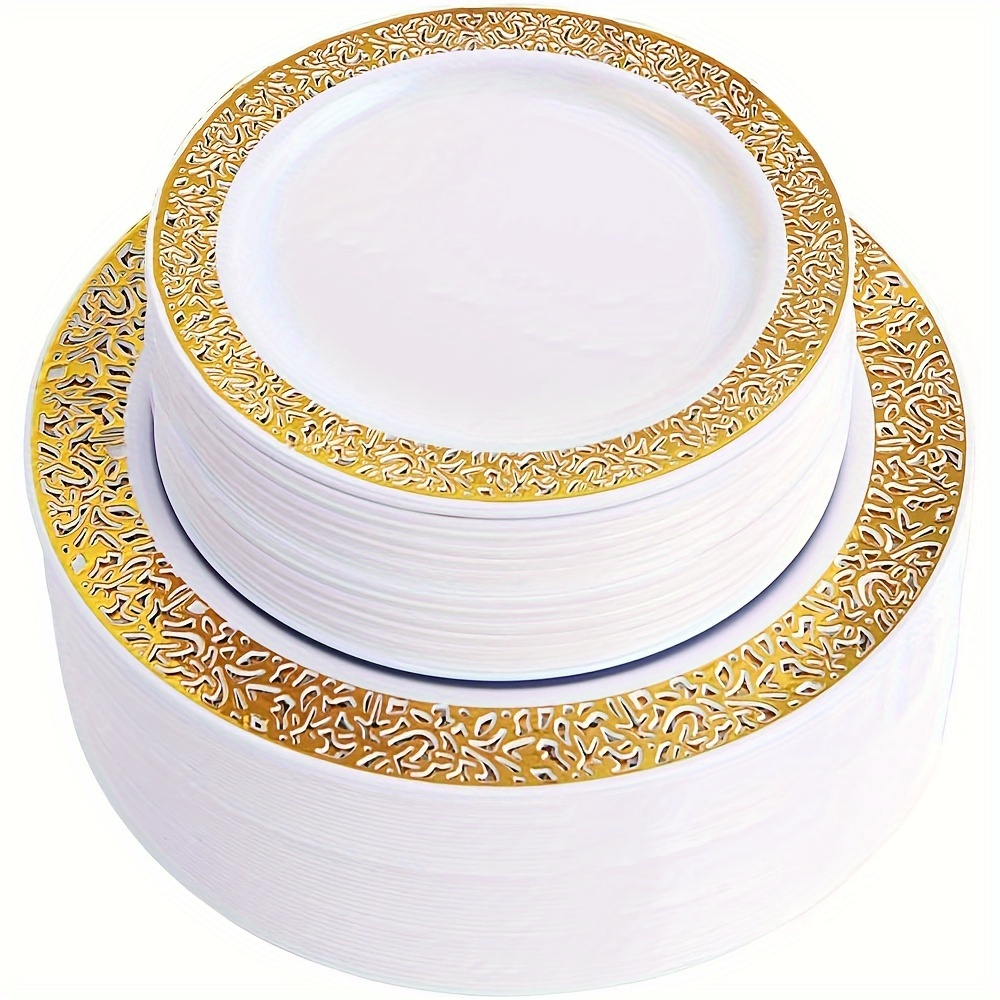 

102pcs Golden Disposable Plastic Plates Include 51 Plastic Dinner Plates 10.25inch, 51 Salad/dessert Plates 7.5inch Golden Lace Plates