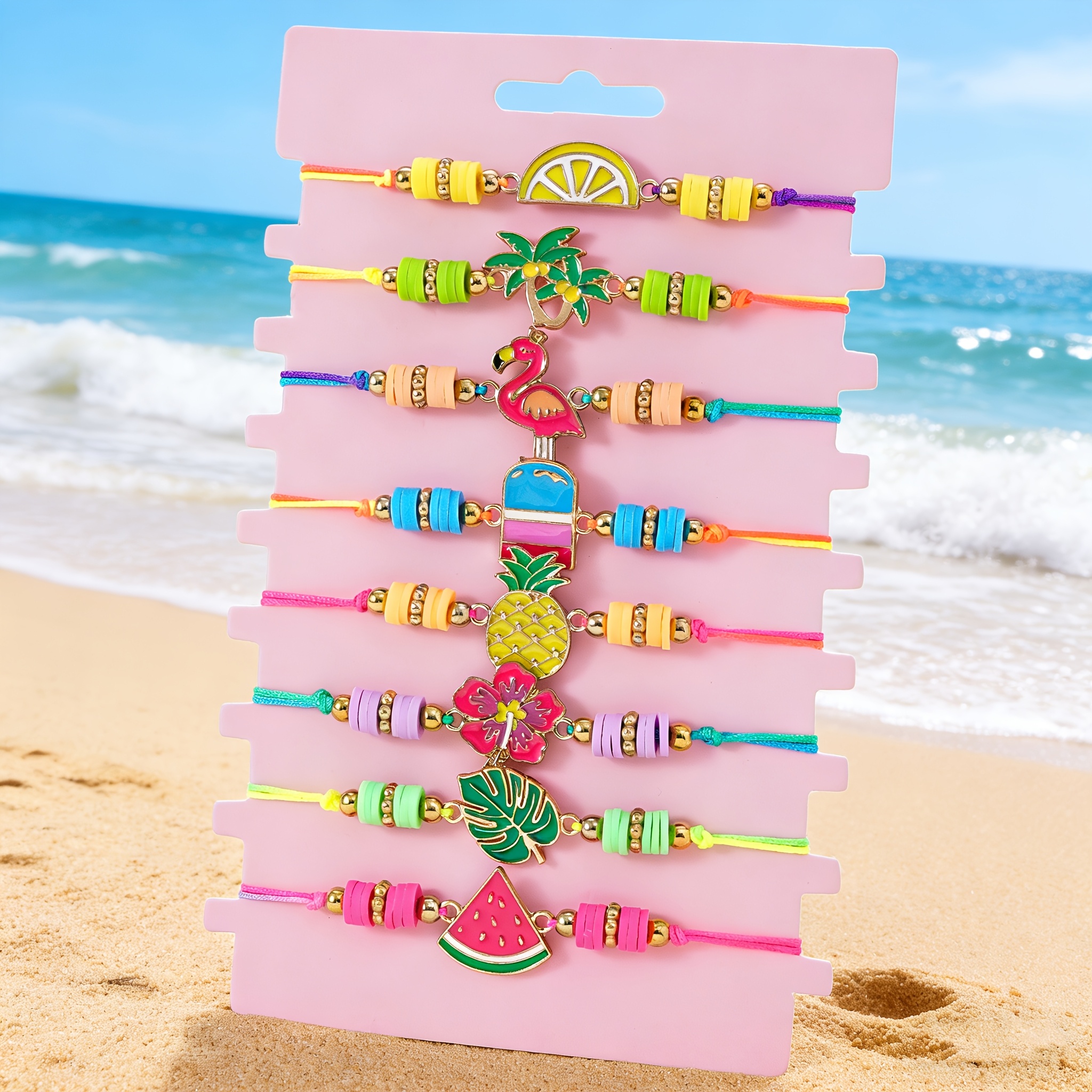TEMU 8pcs Set Of Flamingo Leaf Beach Adjustable Pull-string Bracelets With Card, Perfect Additions For ' Parties, Music Festivals, And Birthdays; A