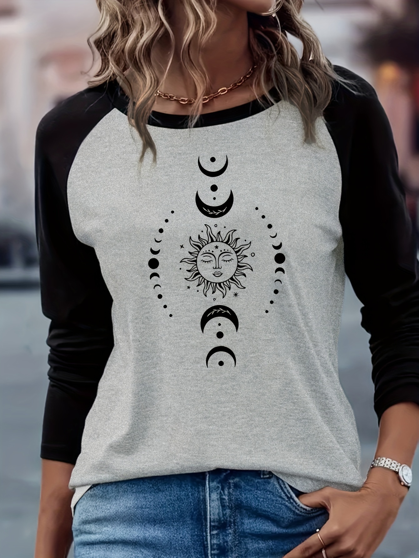 sun moon block t shirt casual long sleeve raglan - Temu