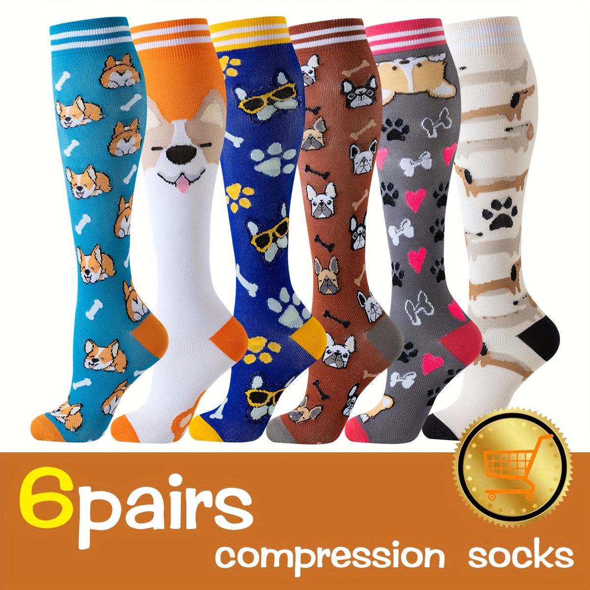 6-Pair Nurse Compression Socks - Knee-High   Grade Graduated Compression Stockings (6 PAIRS) for   - Post-Surgery, Travel, Athletic, Nursing - Cute Dog,   with Architectural designs - Ideal Gift for Nurses, Pet Lovers - Compression Relax Socks