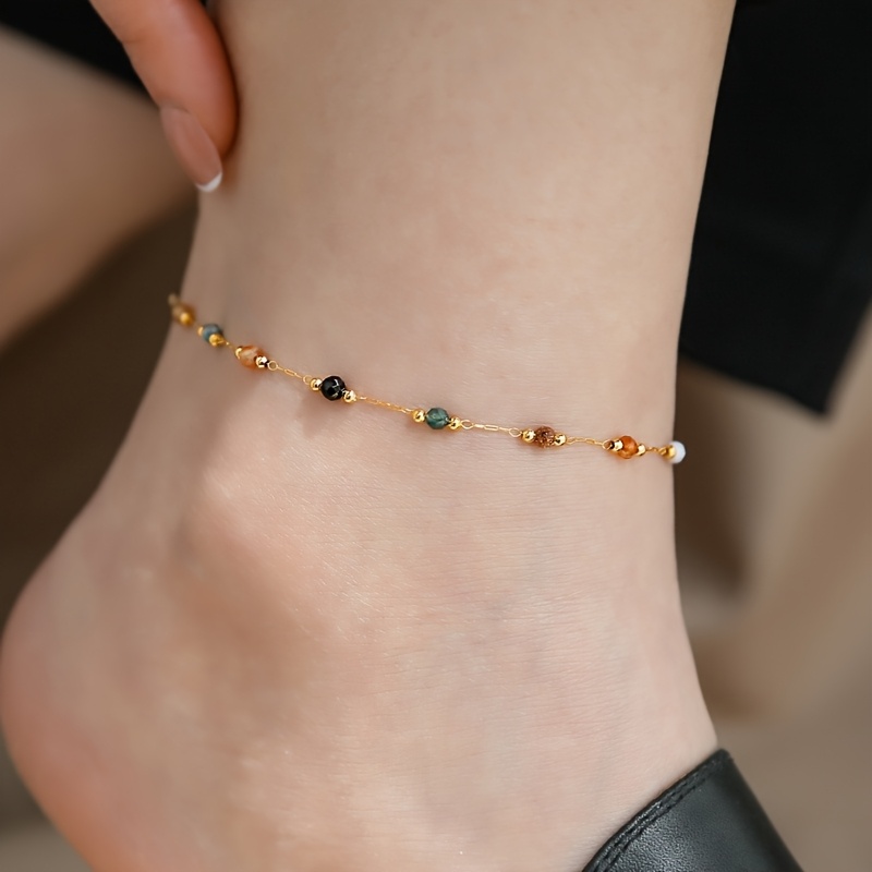 TEMU 1pc Exquisite And Minimalist Multicolored Natural Stone Stainless Steel Anklet With Feel, Chain Anklet Suitable For Women' Shopping And Party