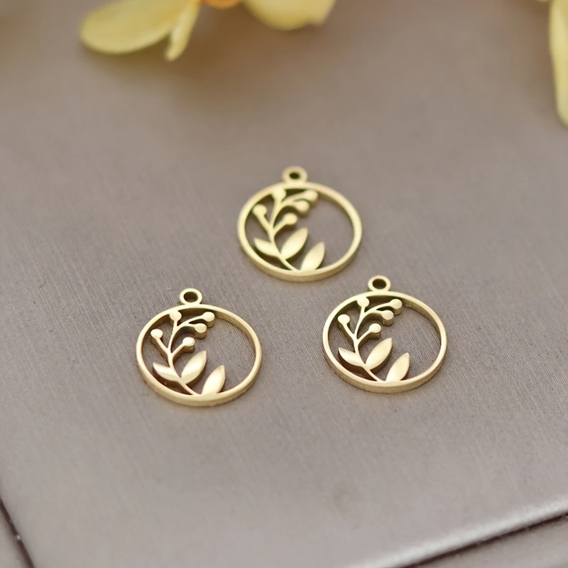 Image of 3pcs Creative Leaf Hollow Line Round Fit Necklace Bracelets Charms For Jewelry Making Stainless Steel Pendant