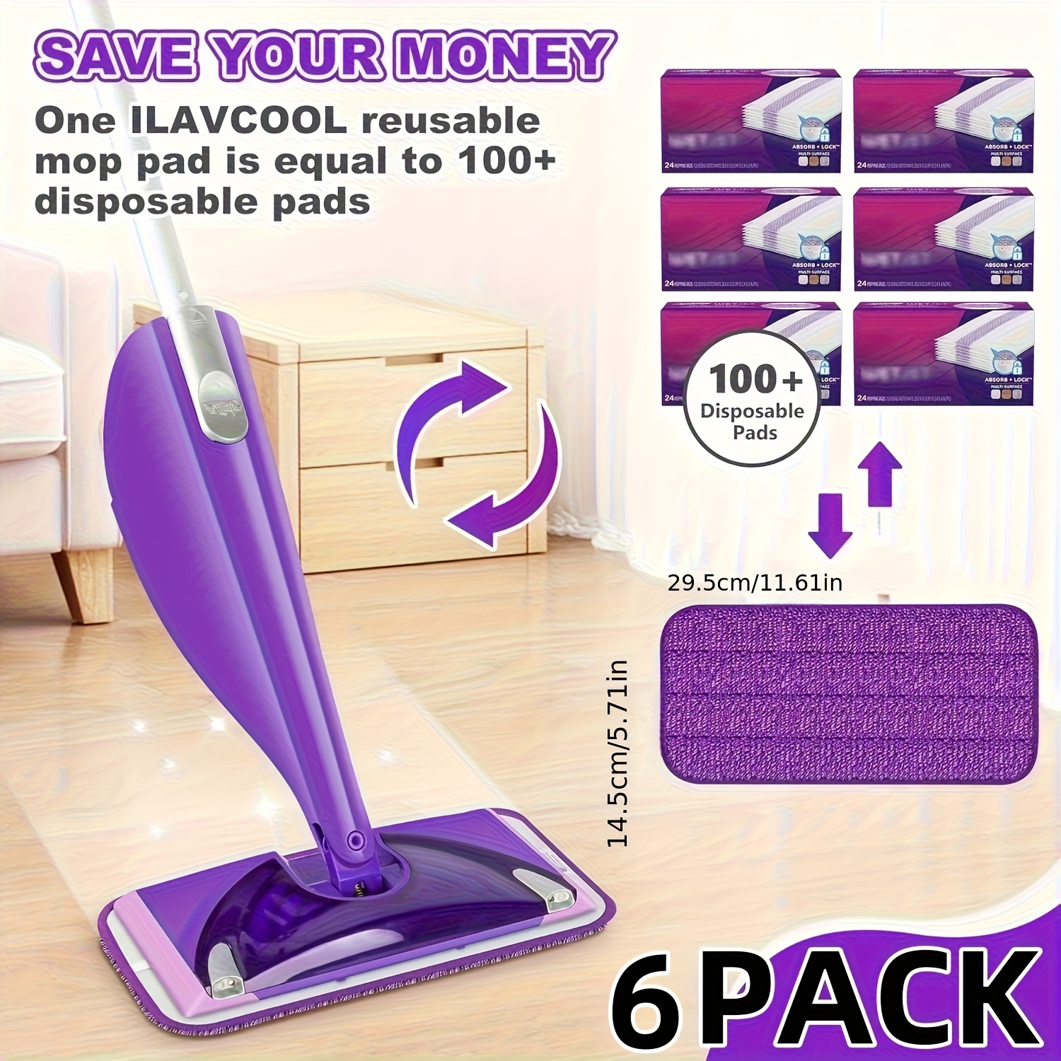TEMU 6pcs Reusable Mop Pads Compatible With Wet Pads Refill Microfiber Mop Pads Replacement Washable Mop Replacement Pads Wet Dry Mop Replacement