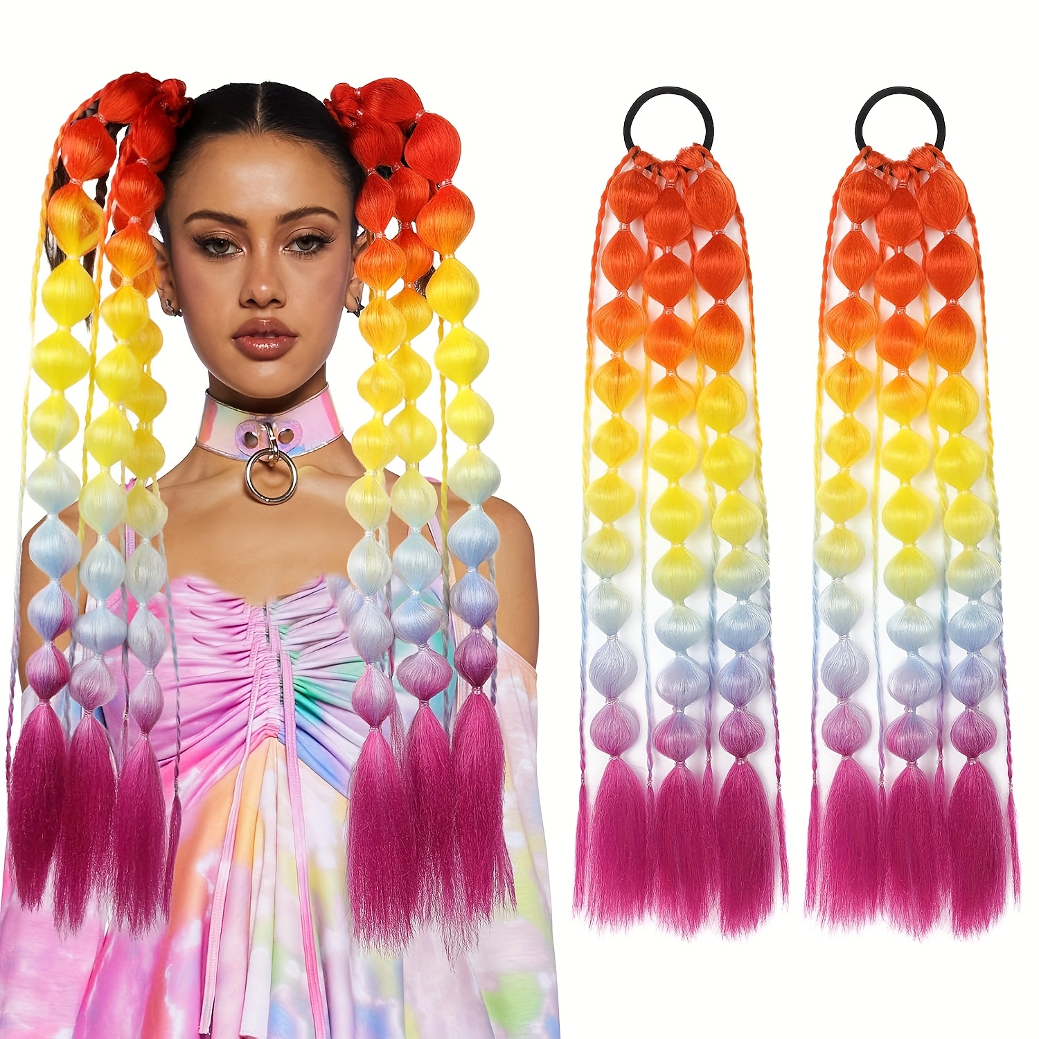 2pcs vibrant ombr ponytail extensions 24 inch lightweight colorful braided hair accessories for   for parties festivals and rave events   accessory vibrant hair extensions lightweight extensions hair accessories details 3
