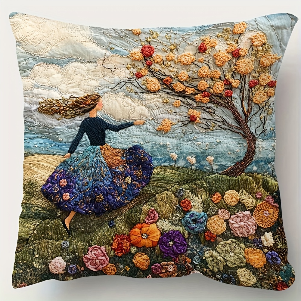 

1pc Syla557 Contemporary Embroidery- 18x18 Inch Double-sided Throw Pillow Cover, Super Soft Short Plush Polyester, Hand Wash, Zipper Closure For Room Types - Of Wind Design