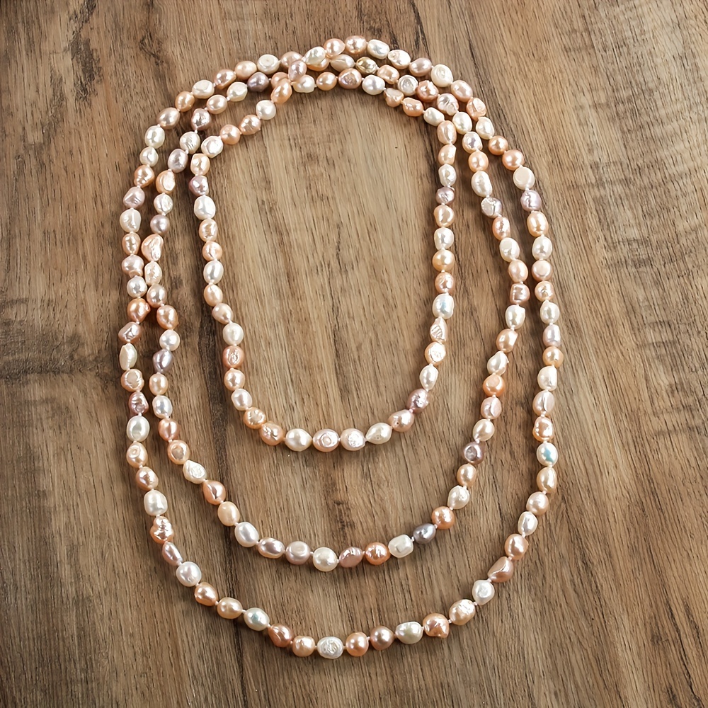

chic Boho" Elegant French-inspired Freshwater Pearl Necklace For Women - Versatile & Luxurious, 160cm With Unique Irregular Shapes In White, Pink, And Purple