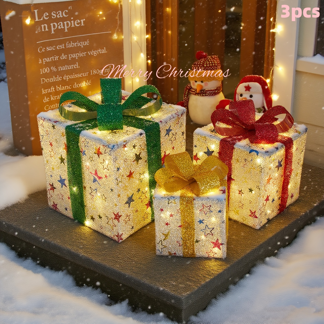 3pcs Lighted Christmas Gift Box Set with Warm LED Lights & Snowy Ribbon Bows - Battery-Powered Indoor/Outdoor Plastic Decorations with Stake Installation, Classic Winter Design for Xmas Tree, Yard, Home - Cordless Holiday Decor (Batteries Not Includ 2 3pcs Lighted Christmas Gift Box Set with Warm LED Lights & Snowy Ribbon Bows - Battery-Powered Indoor/Outdoor Plastic Decorations with Stake Installation, Classic Winter Design for Xmas Tree, Yard, Home - Cordless Holiday Decor (Batteries Not Includ - Image 2