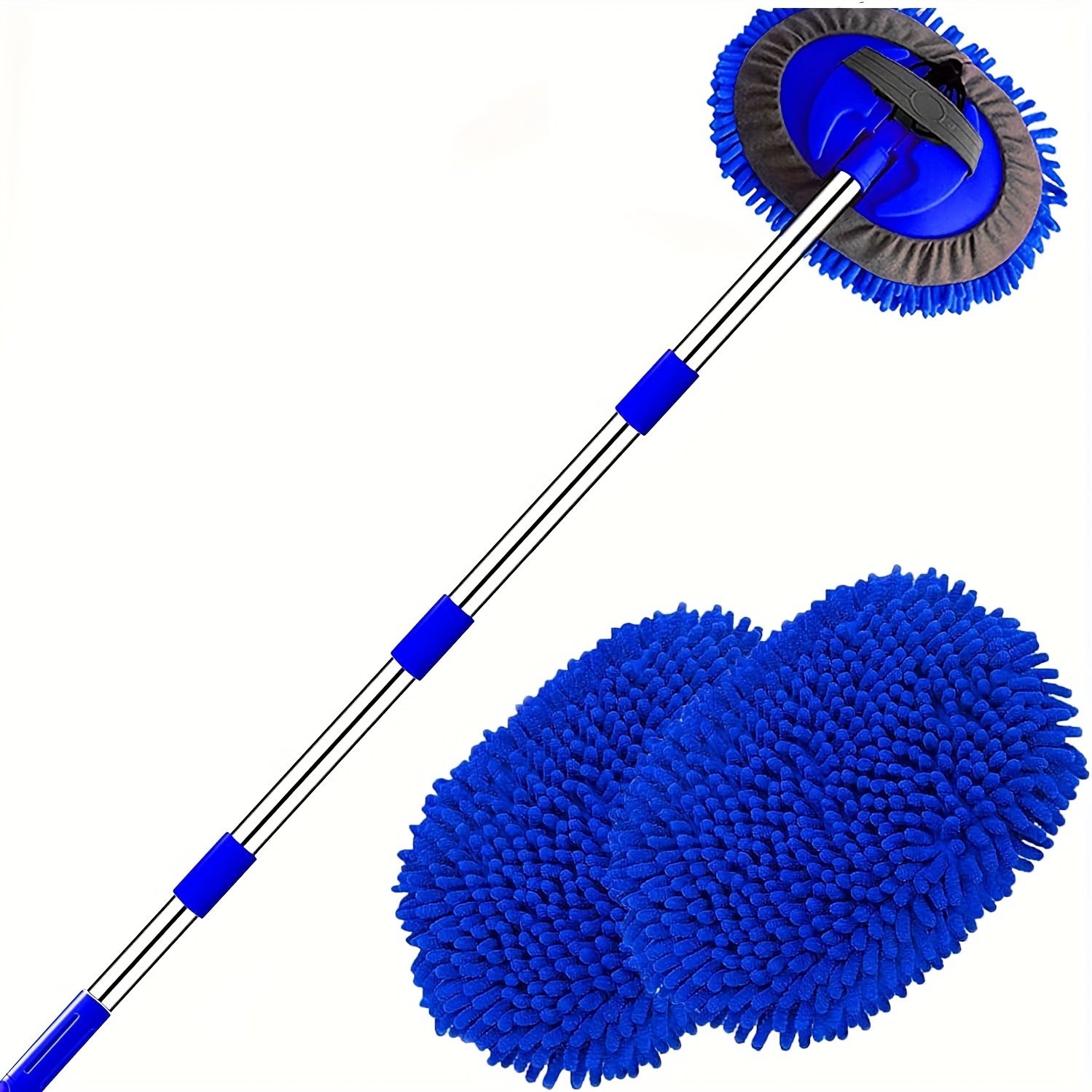 Image of 62-inch Car Wash Brush Featuring A Long Handle And A Microfiber Cleaning Kit For Vehicles, Including A Scratch-free Chenille Replacement Head And An Aluminum Alloy Pole In Blue, Without Battery