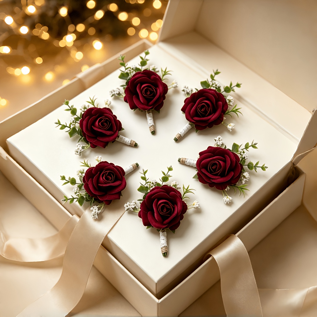 TEMU 6pcs Burgundy Rose Boutonniere, Artificial Wedding Corsage With Greenery And 's Breath, Elegant Groom Groomsmen Brooch For Wedding, Prom, Party,