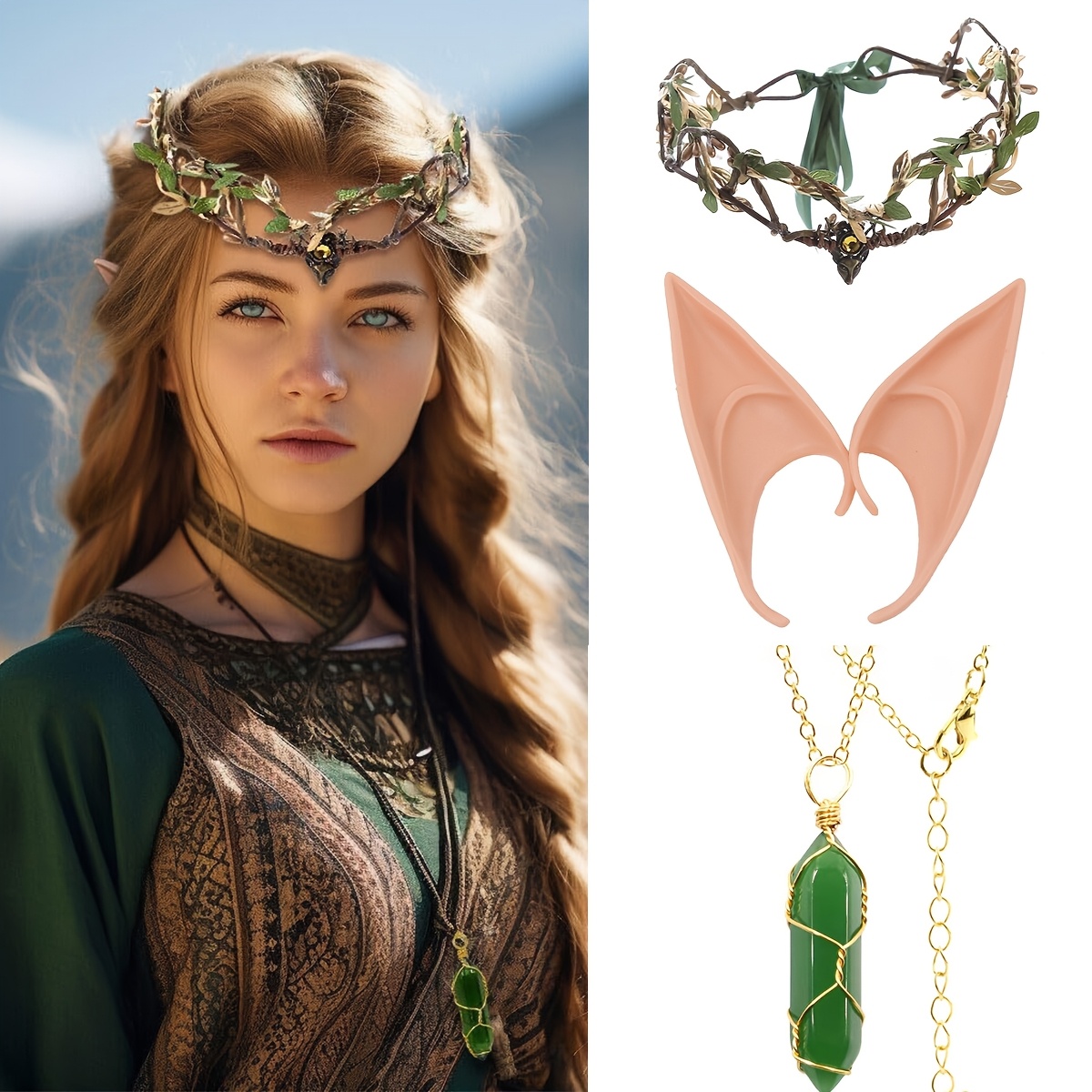 elf ears with leaf diadem headpiece set - soft pointed fairy  display picture 2