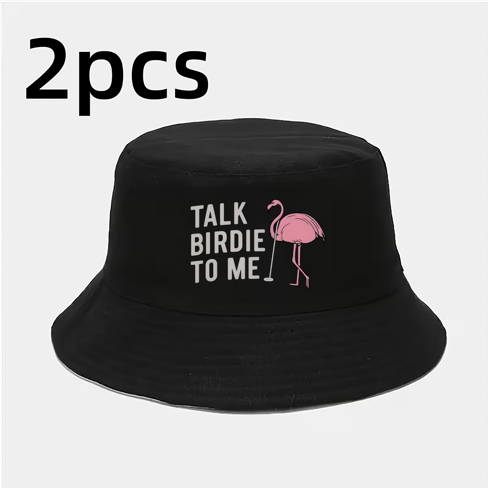 TEMU 2pcs Light Gray "talk Birdie To Me" Fun Text Pink Flamingo Golf Creative Print Bucket Hats, Polyester Material, Unisex, Lightweight And