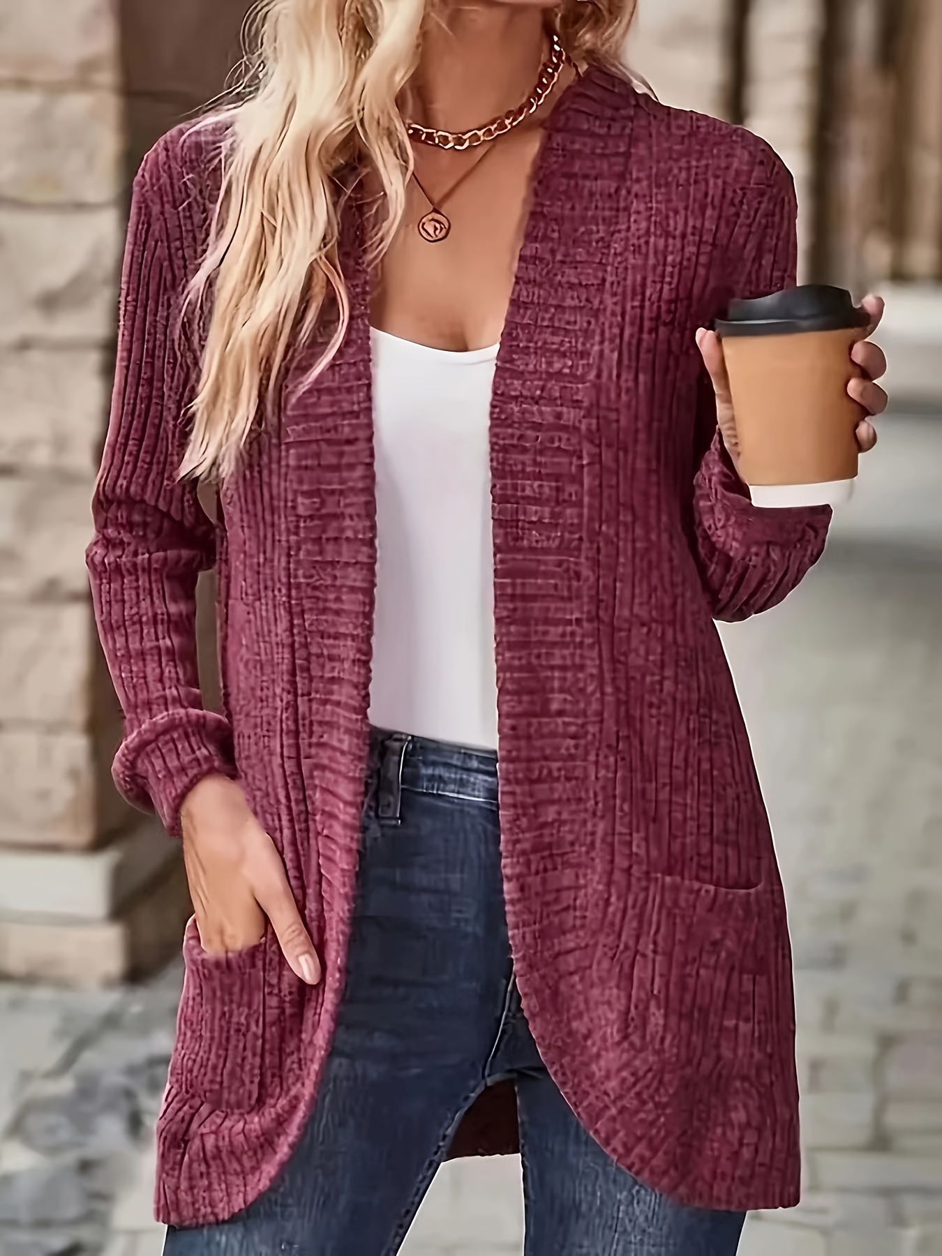 Maavoki Cardigan Long Tricot Épais Femme - Ouvert Devant Avec Boutons Et Poches, Manches Longues