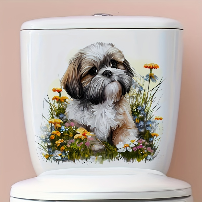 

1pc Shih Tzu Dog Flower Meadow Toilet Lid Decal - Self-adhesive Ceramic Toilet Tank & Seat Sticker - Semi-glossy, Single Use, Decorative Bathroom Decal With Floral Design - Easy To Apply & Remove