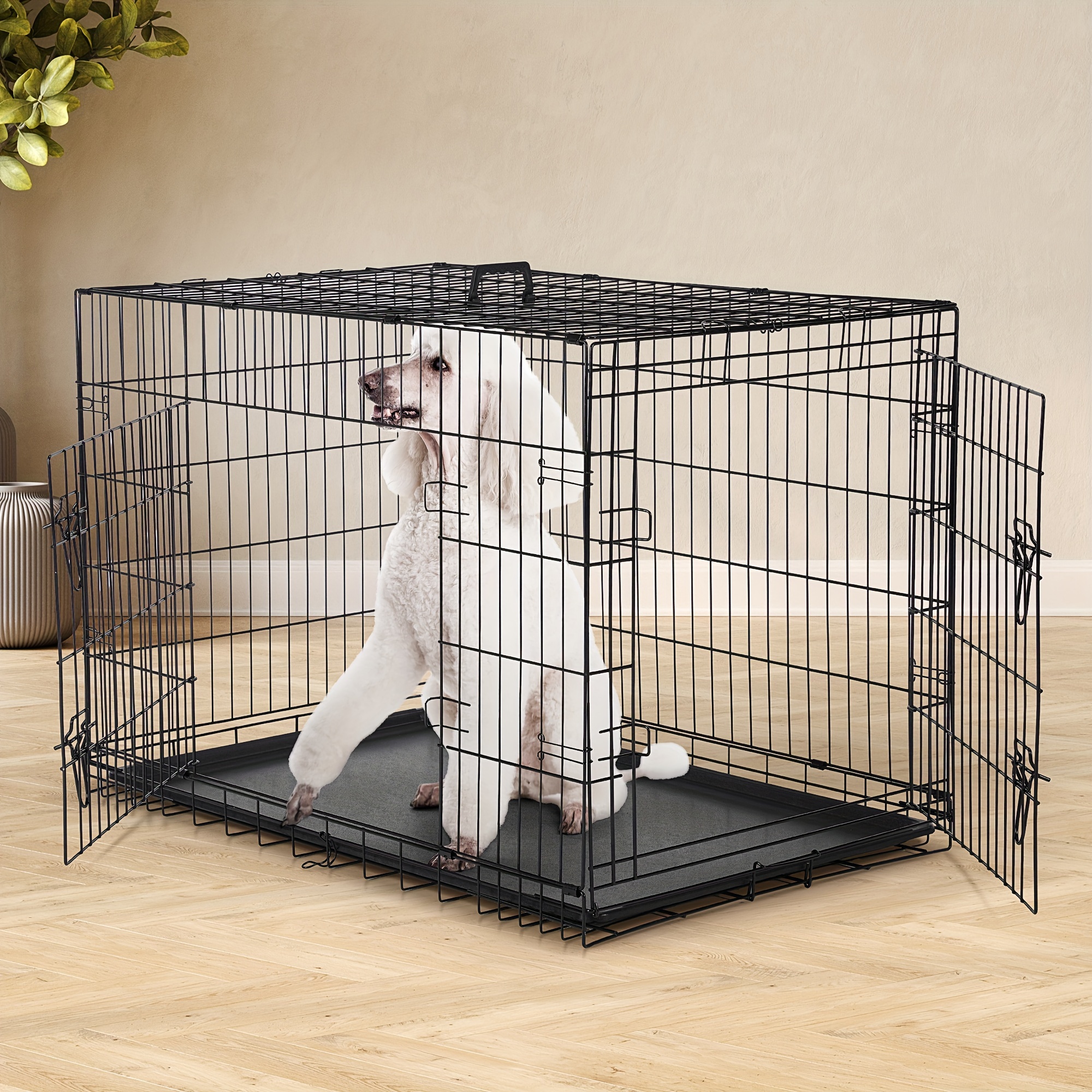 42 In Dog Crate Double Door Medium Dog Cage With Divider Panel And Plastic Leak Proof Pan Tray Folding Metal Wire Pet Kennel For Indoor Outdoor Travel